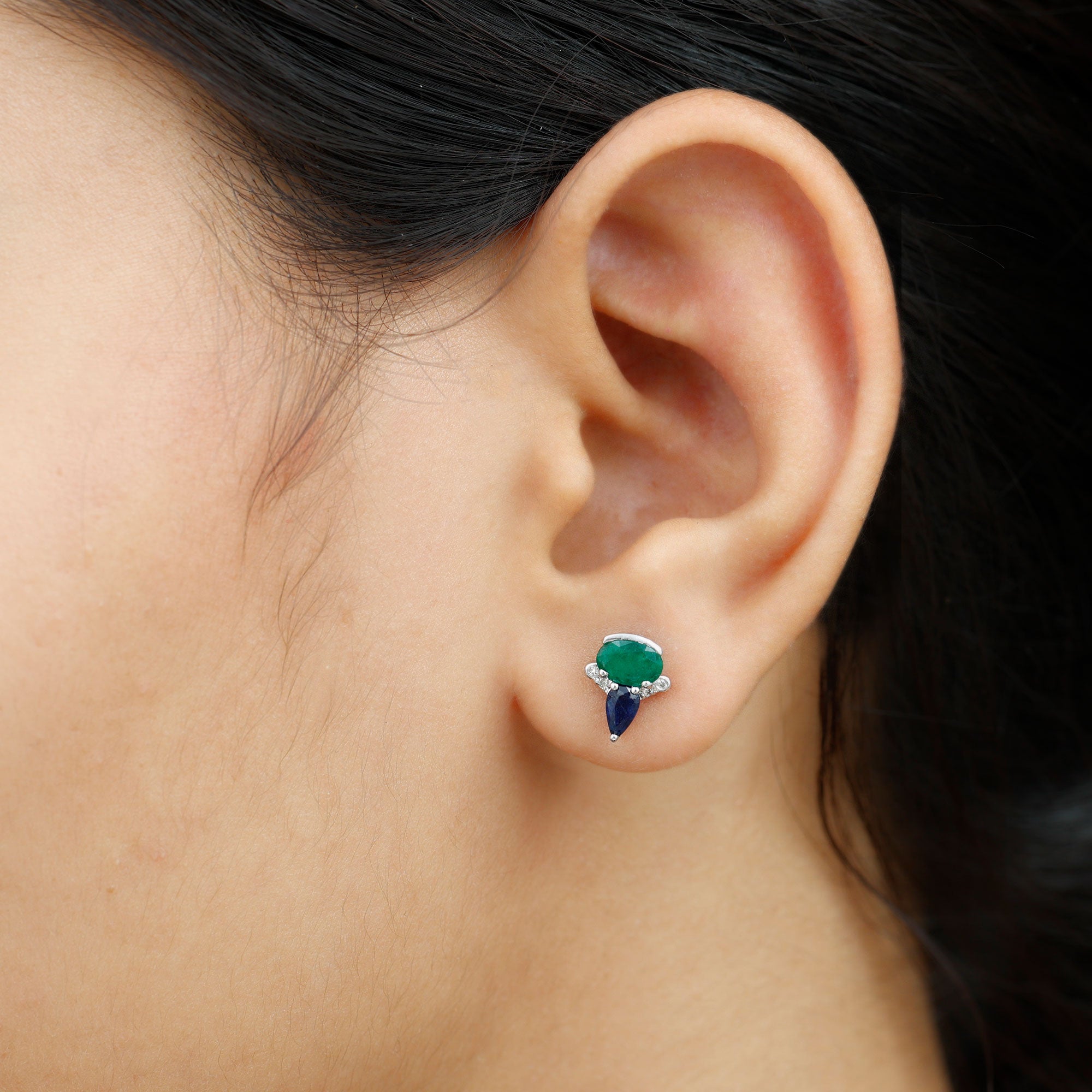 Blue Sapphire and Emerald Vintage Stud Earrings with Diamond AAA - Rosec Jewels