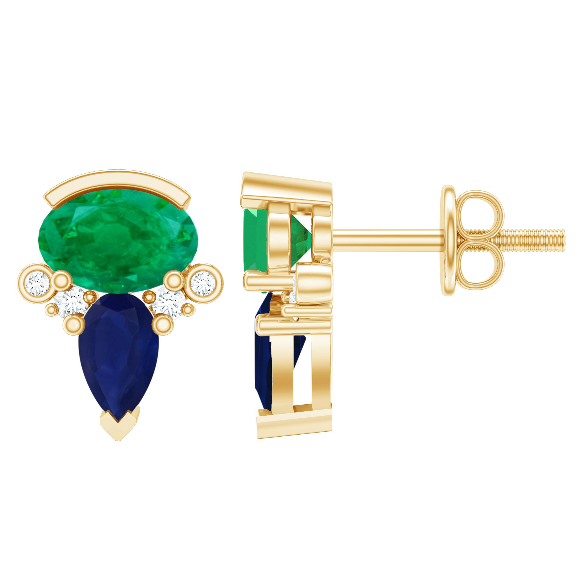Blue Sapphire and Emerald Vintage Stud Earrings with Diamond AAA - Rosec Jewels