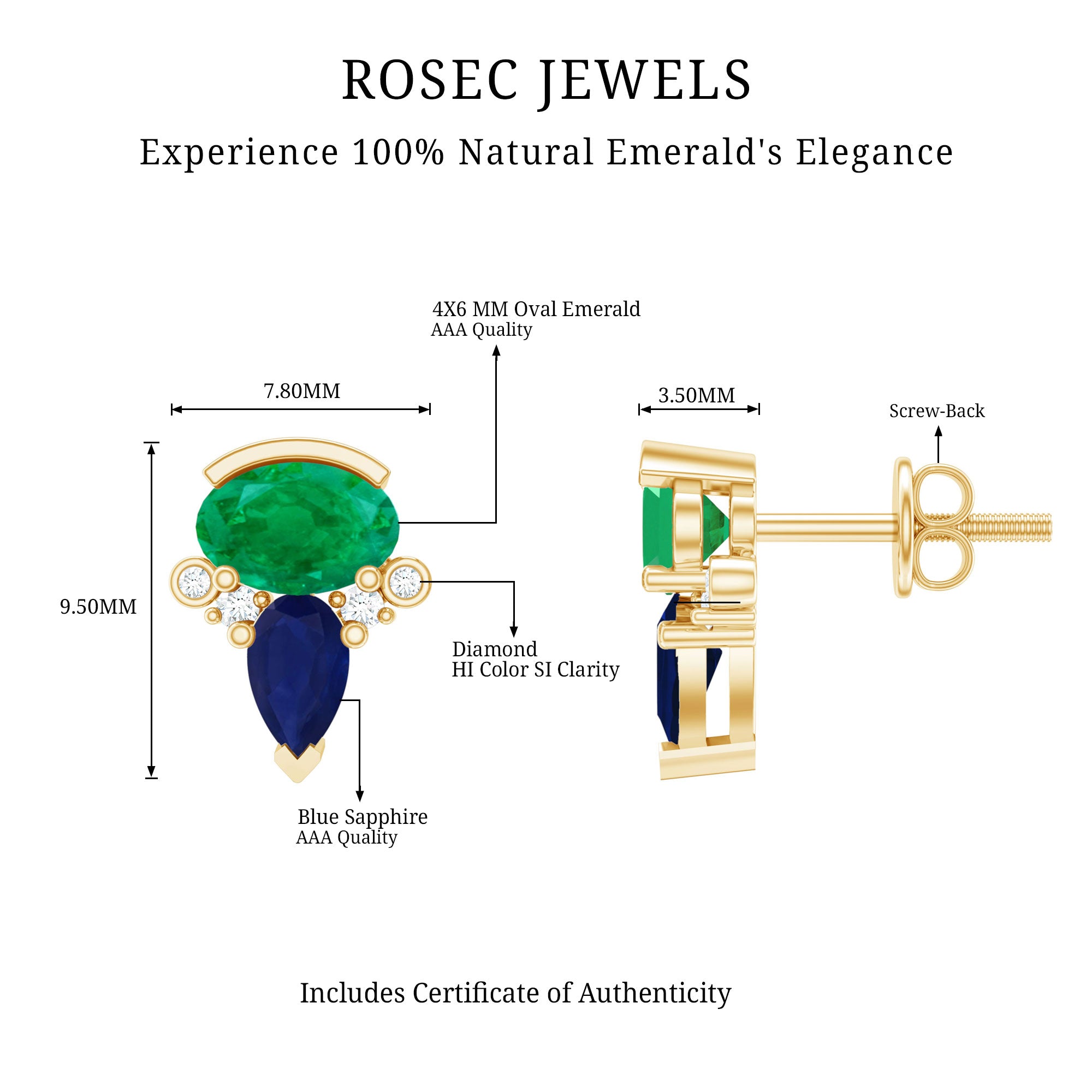 Blue Sapphire and Emerald Vintage Stud Earrings with Diamond AAA - Rosec Jewels