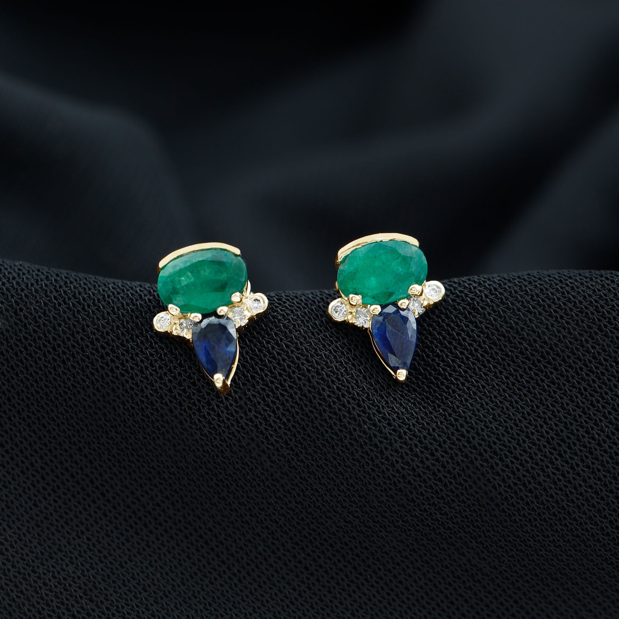 Blue Sapphire and Emerald Vintage Stud Earrings with Diamond AAA - Rosec Jewels