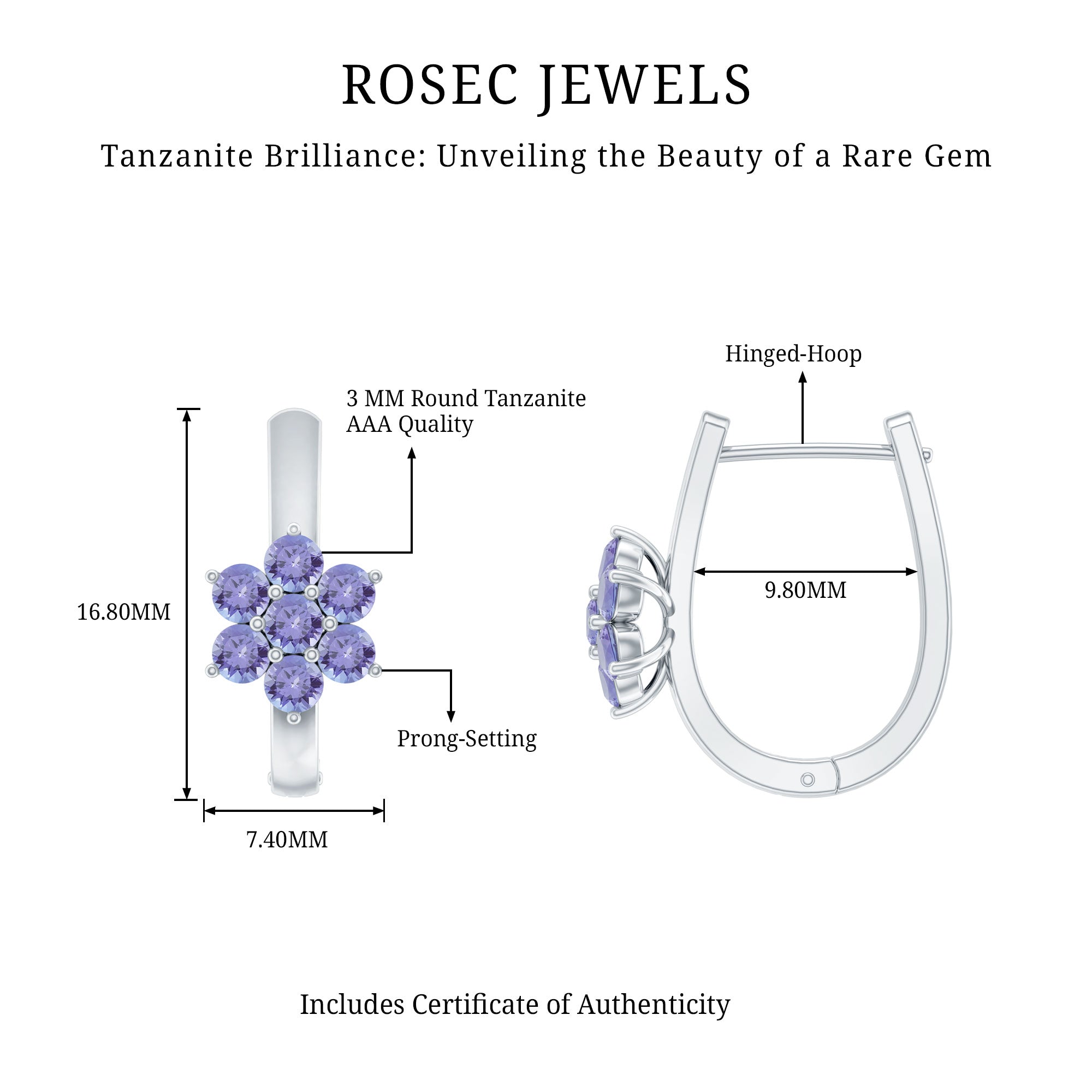 Round Shape Tanzanite Flower Hoop Earrings AAA - Rosec Jewels