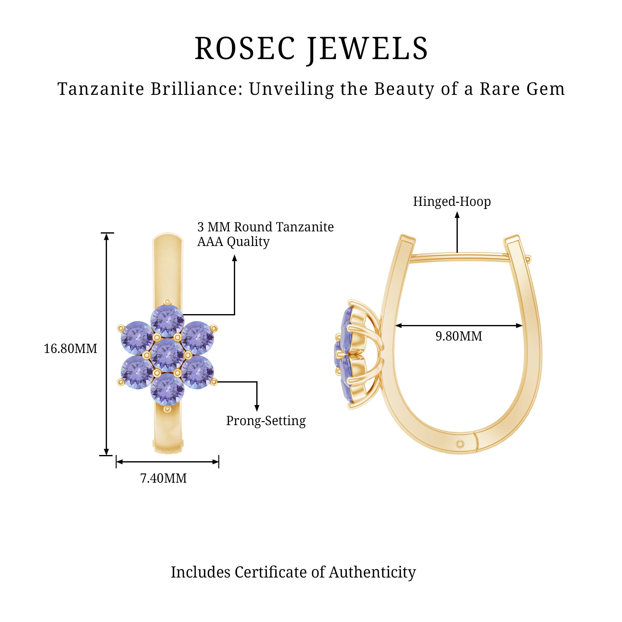 Round Shape Tanzanite Flower Hoop Earrings AAA - Rosec Jewels