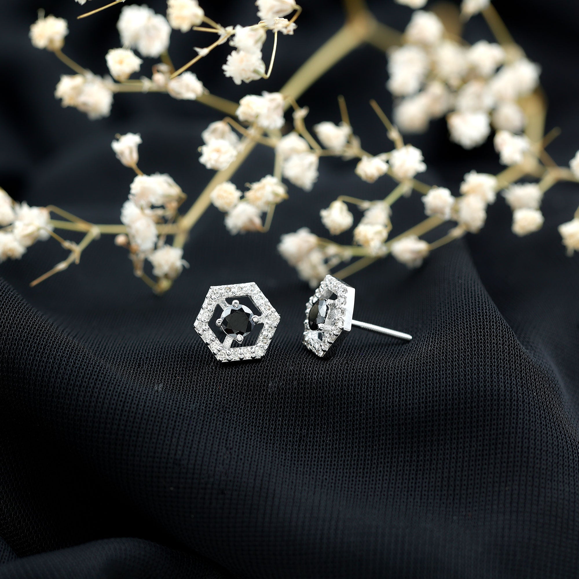 Lab Created Black Diamond and Diamond Geometric Stud Earrings AAAA ( Synthetic ) - Rosec Jewels
