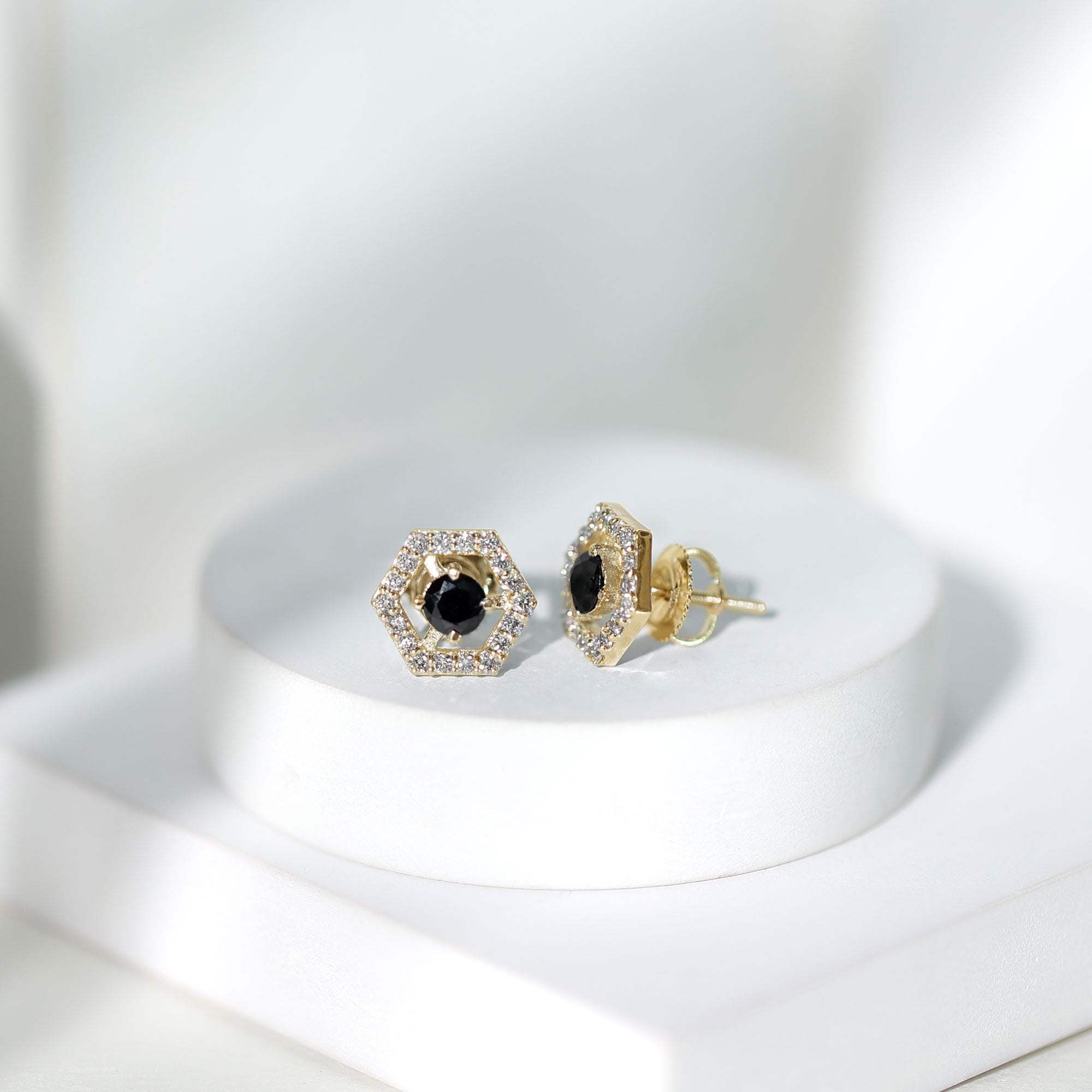 Lab Created Black Diamond and Diamond Geometric Stud Earrings AAAA ( Synthetic ) - Rosec Jewels