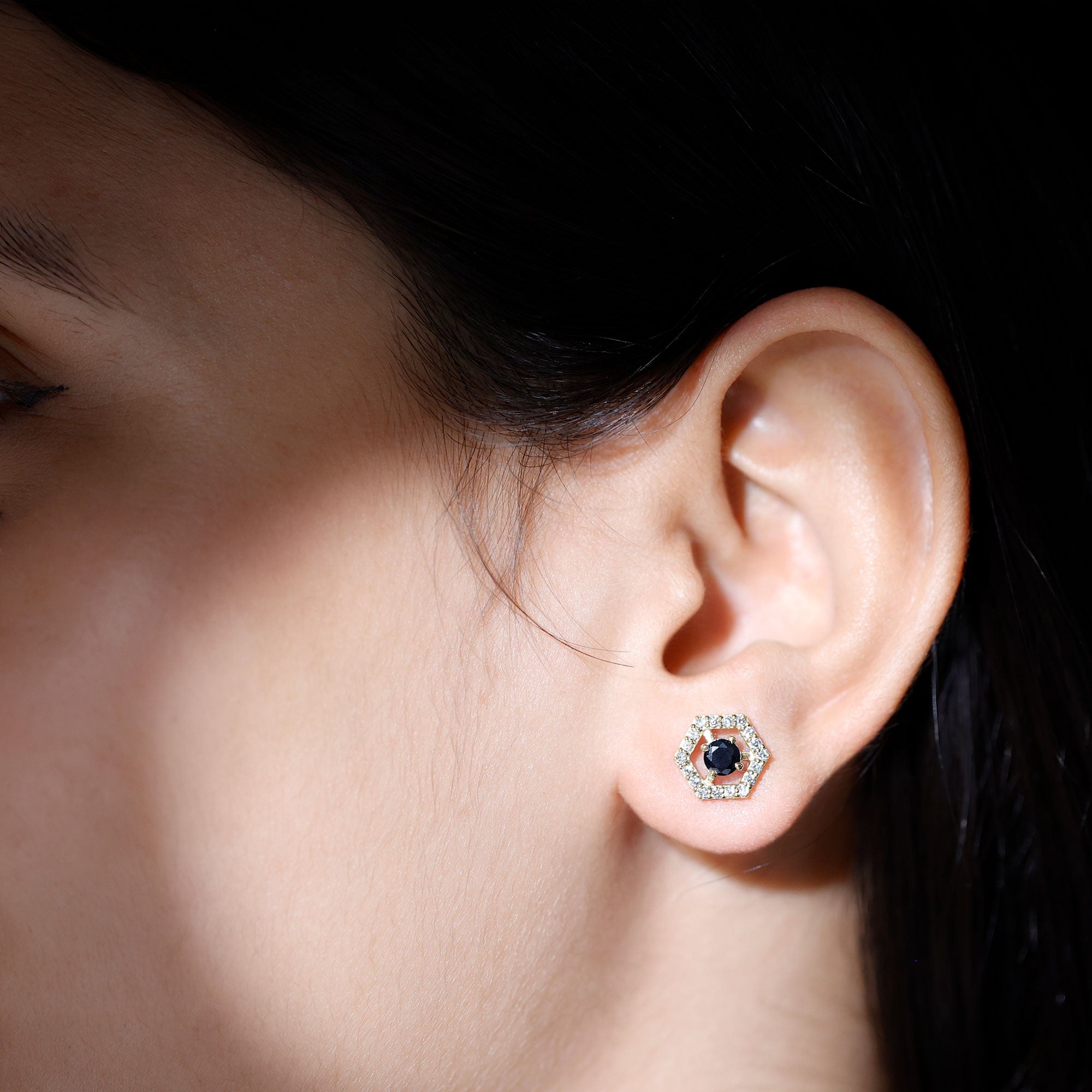 Lab Created Black Diamond and Diamond Geometric Stud Earrings AAAA ( Synthetic ) - Rosec Jewels