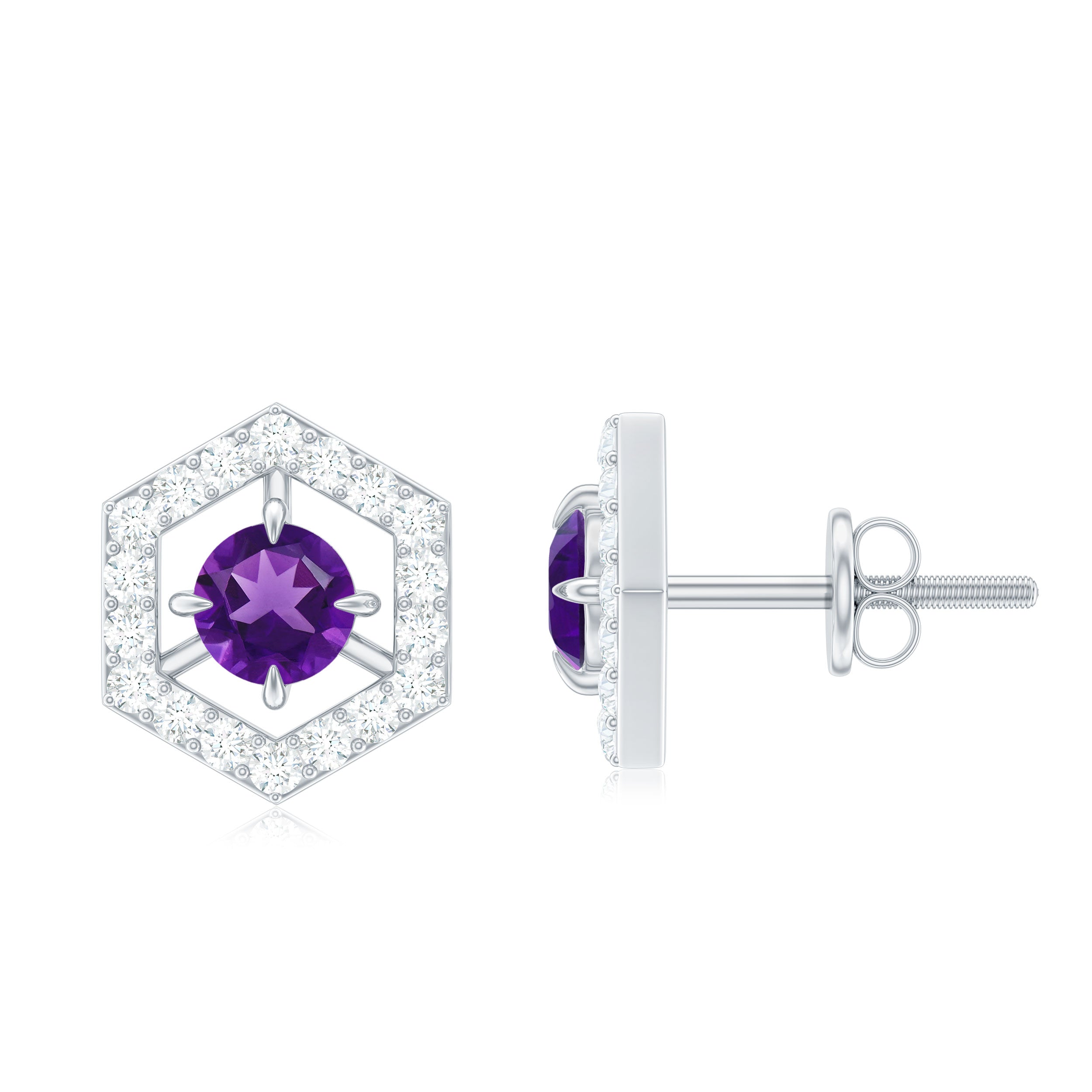 Minimal Amethyst and Diamond Geometric Stud Earrings