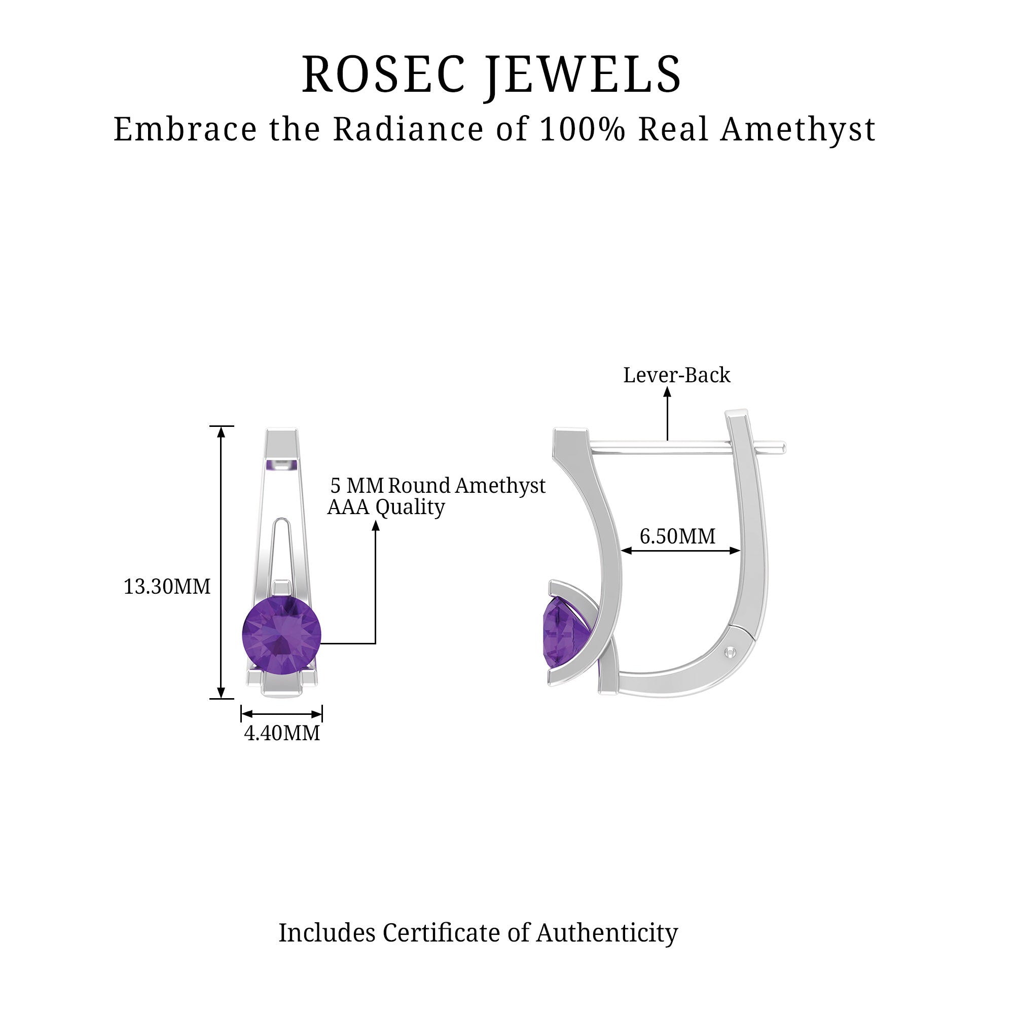 Solitaire Amethyst J Hoop Earrings for Women AAA - Rosec Jewels