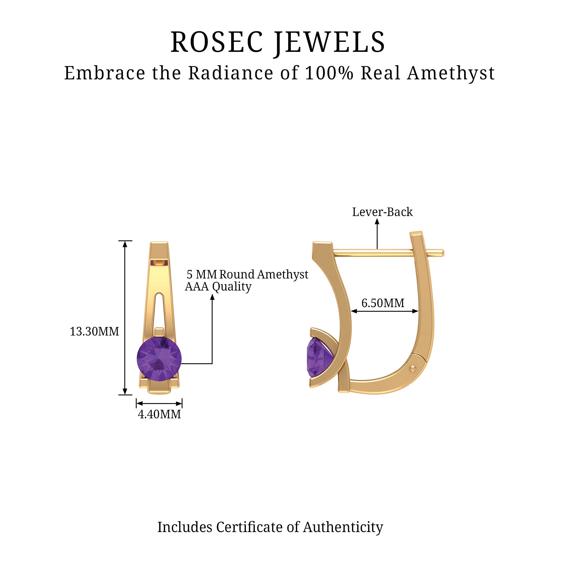Solitaire Amethyst J Hoop Earrings for Women AAA - Rosec Jewels