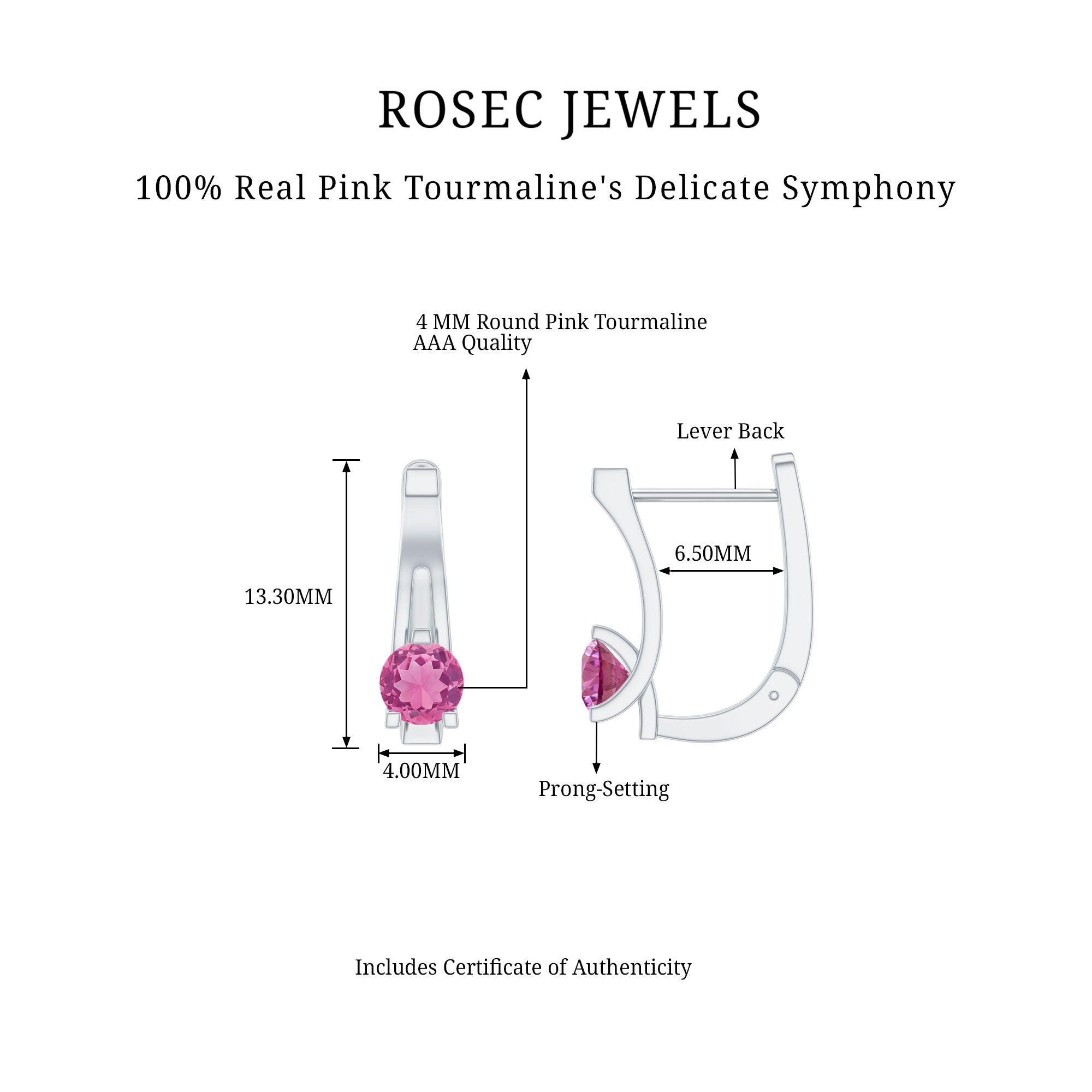Natural Pink Tourmaline J Hoop Earrings AAA - Rosec Jewels