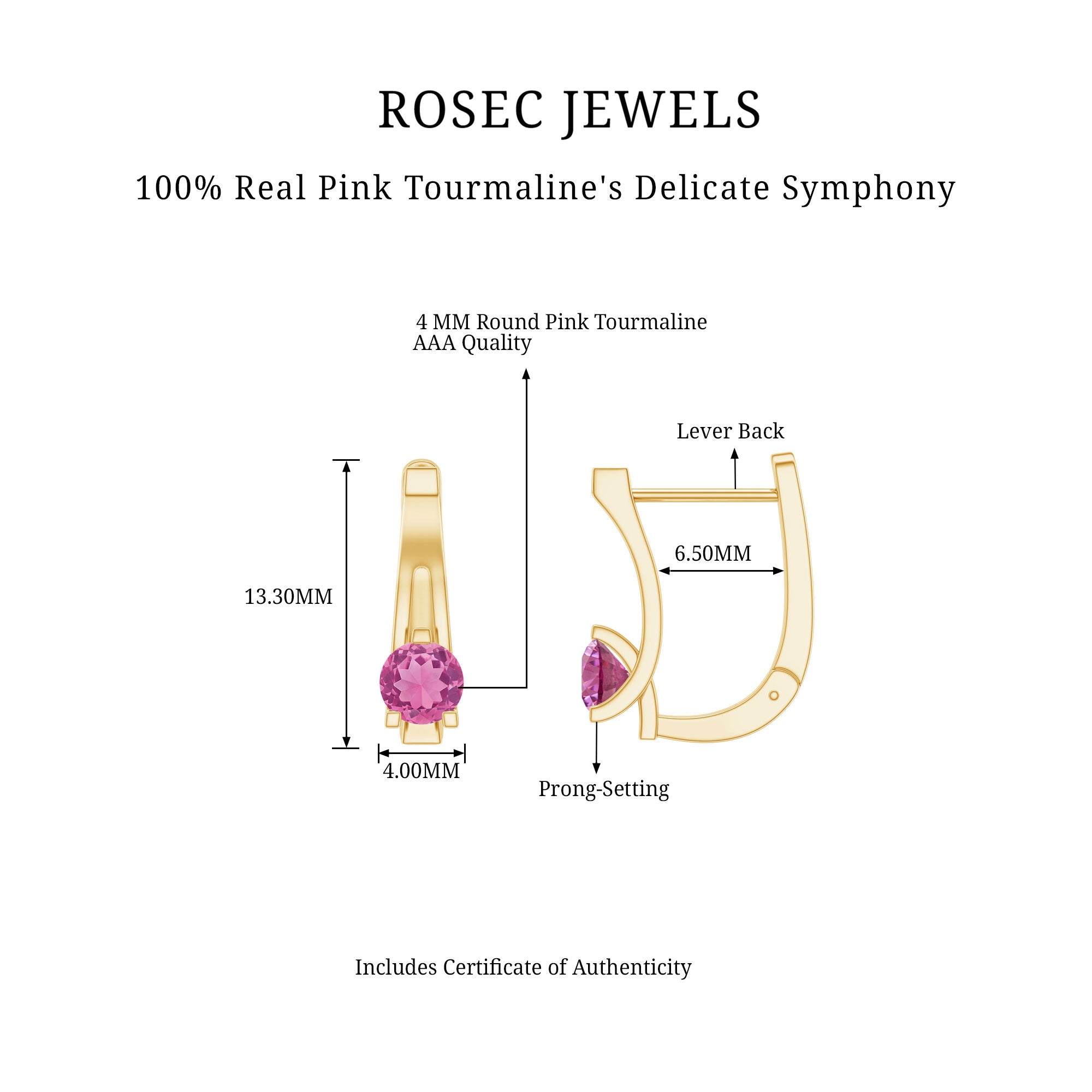 Natural Pink Tourmaline J Hoop Earrings AAA - Rosec Jewels