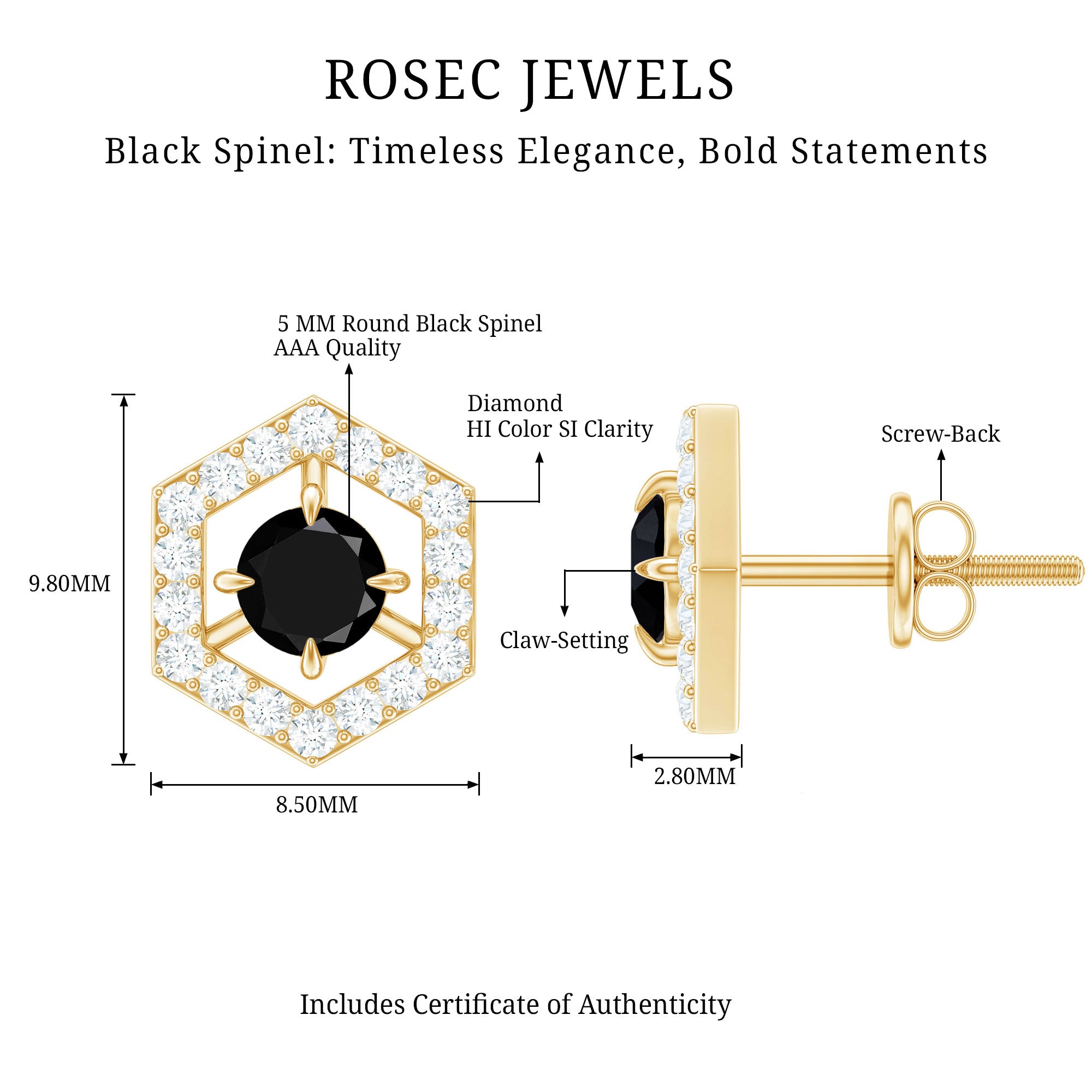 1 CT Black Spinel and Diamond Hexagon Stud Earrings AAA - Rosec Jewels