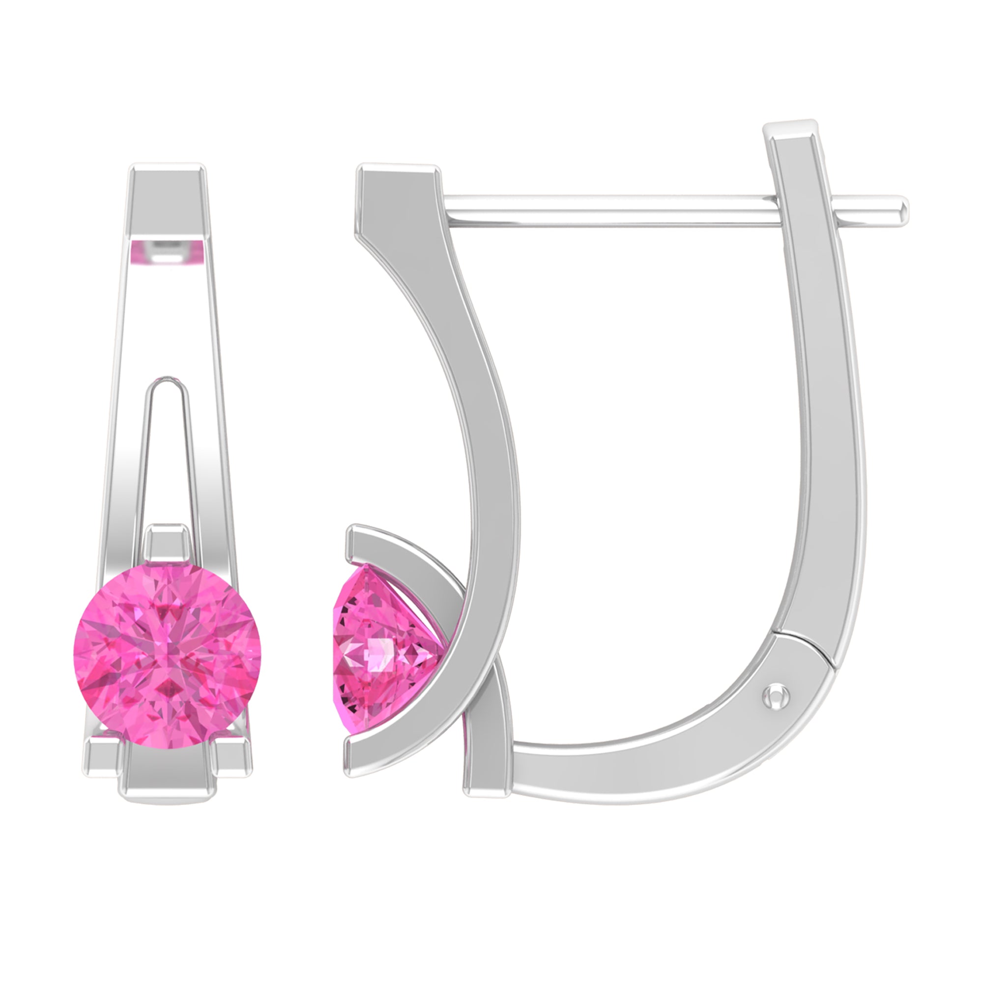 Round Cut Pink Sapphire Solitaire J Hoop Earrings in Gold