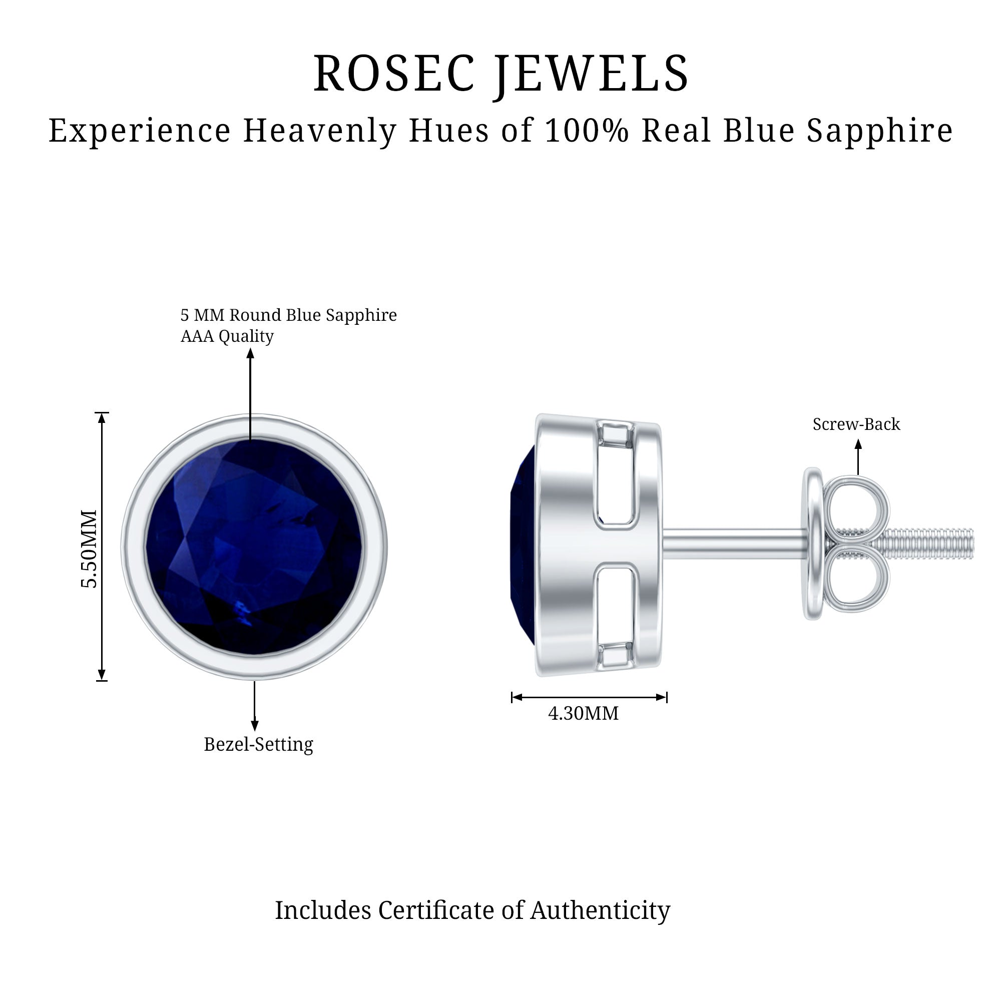1.9 Carat Bezel Set Blue Sapphire Solitaire Stud Earrings AAA - Rosec Jewels