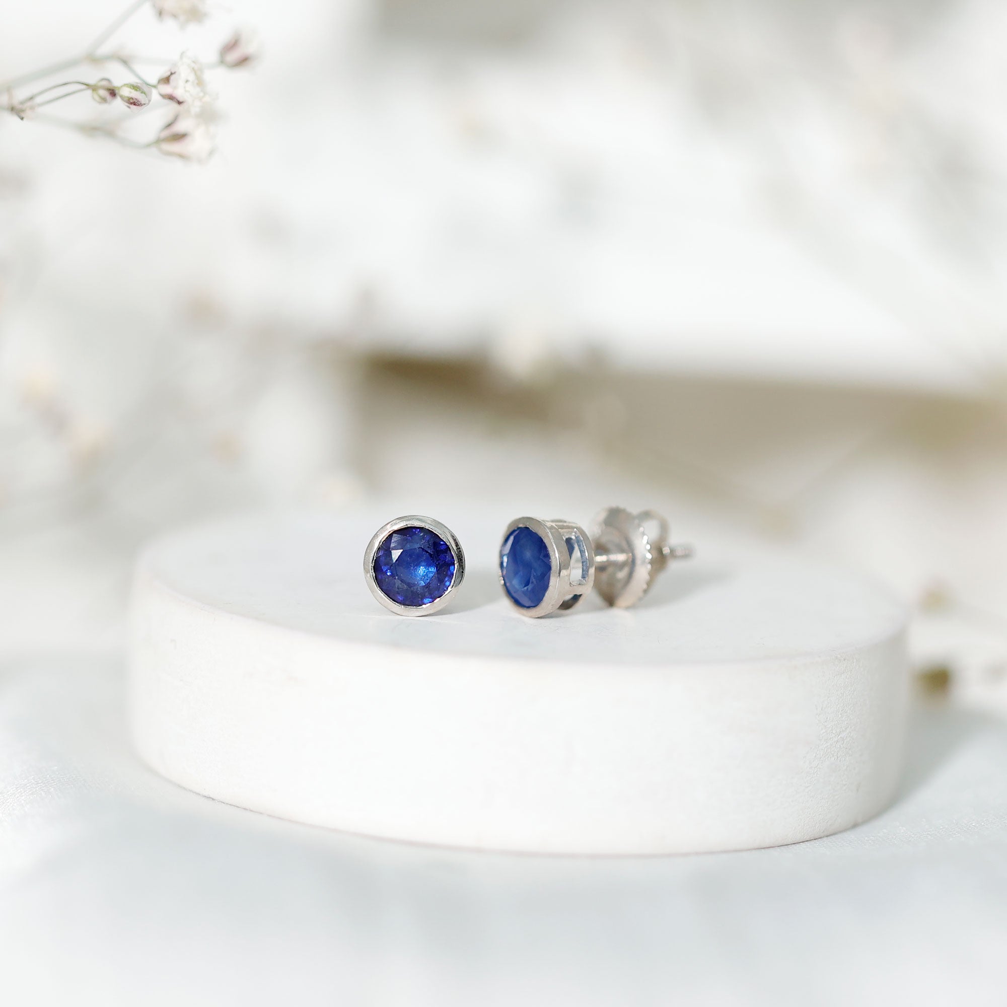 1.9 Carat Bezel Set Blue Sapphire Solitaire Stud Earrings AAA - Rosec Jewels