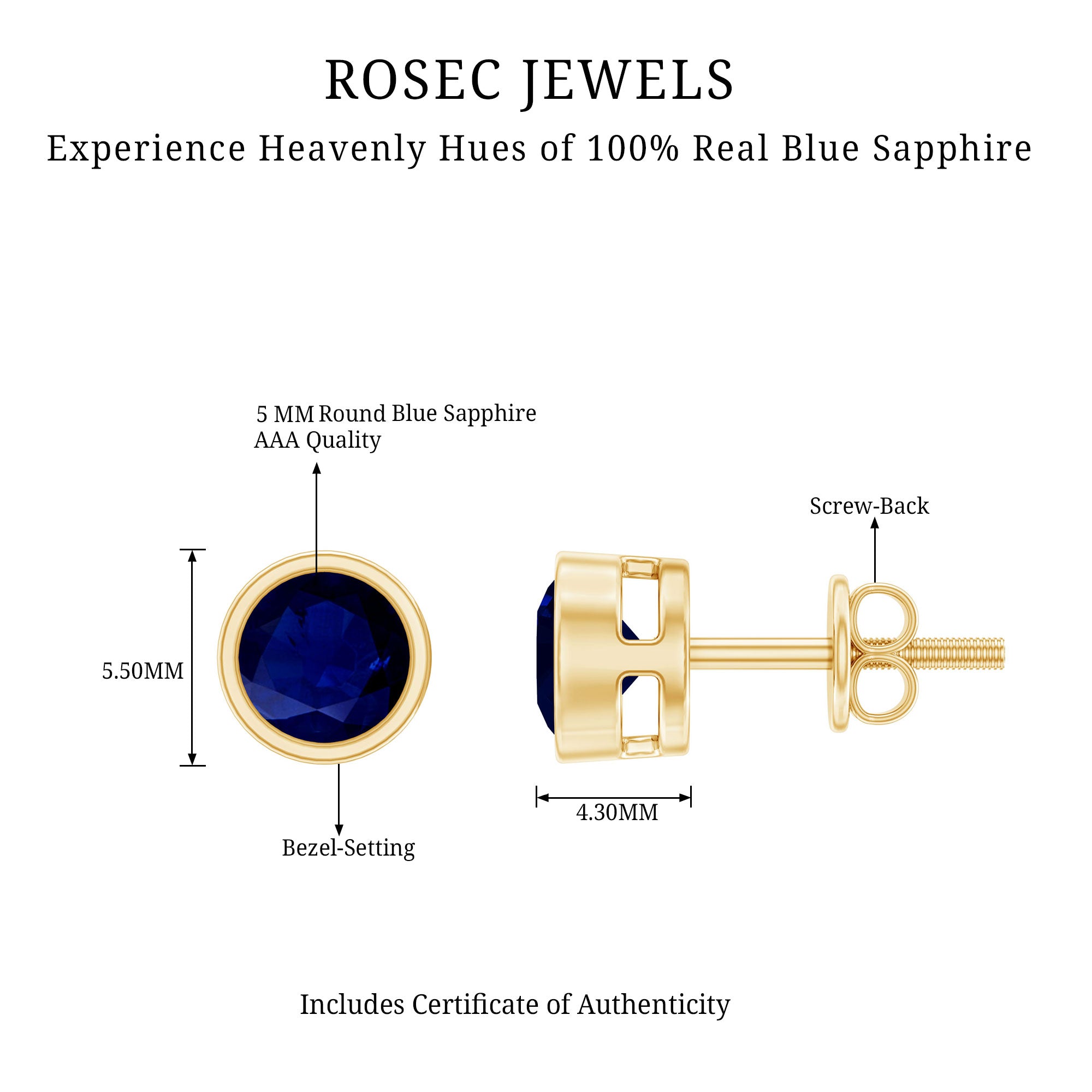 1.9 Carat Bezel Set Blue Sapphire Solitaire Stud Earrings AAA - Rosec Jewels