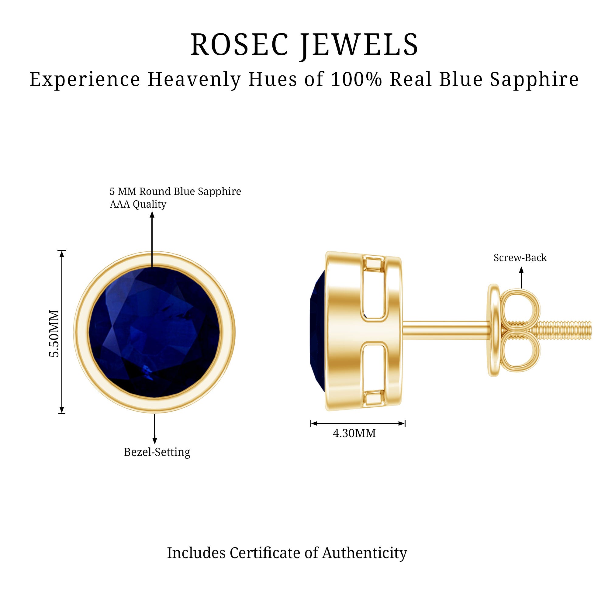 1.9 Carat Bezel Set Blue Sapphire Solitaire Stud Earrings AAA - Rosec Jewels