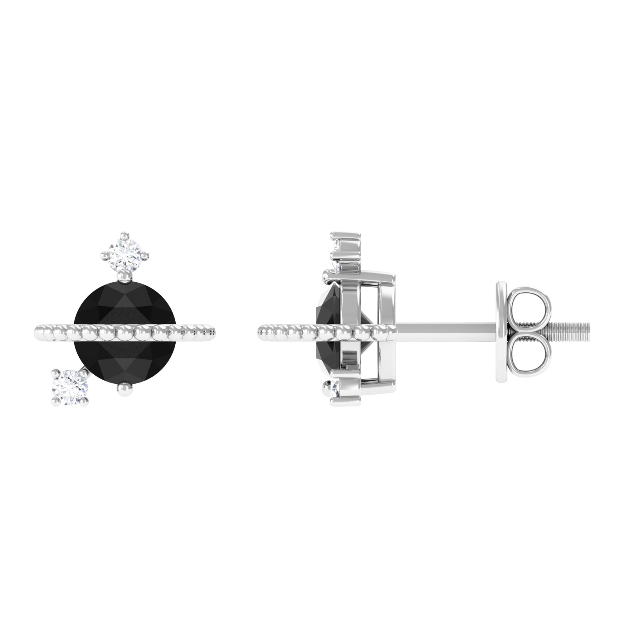 Black Spinel Celestial Stud Earrings with Diamond Stones