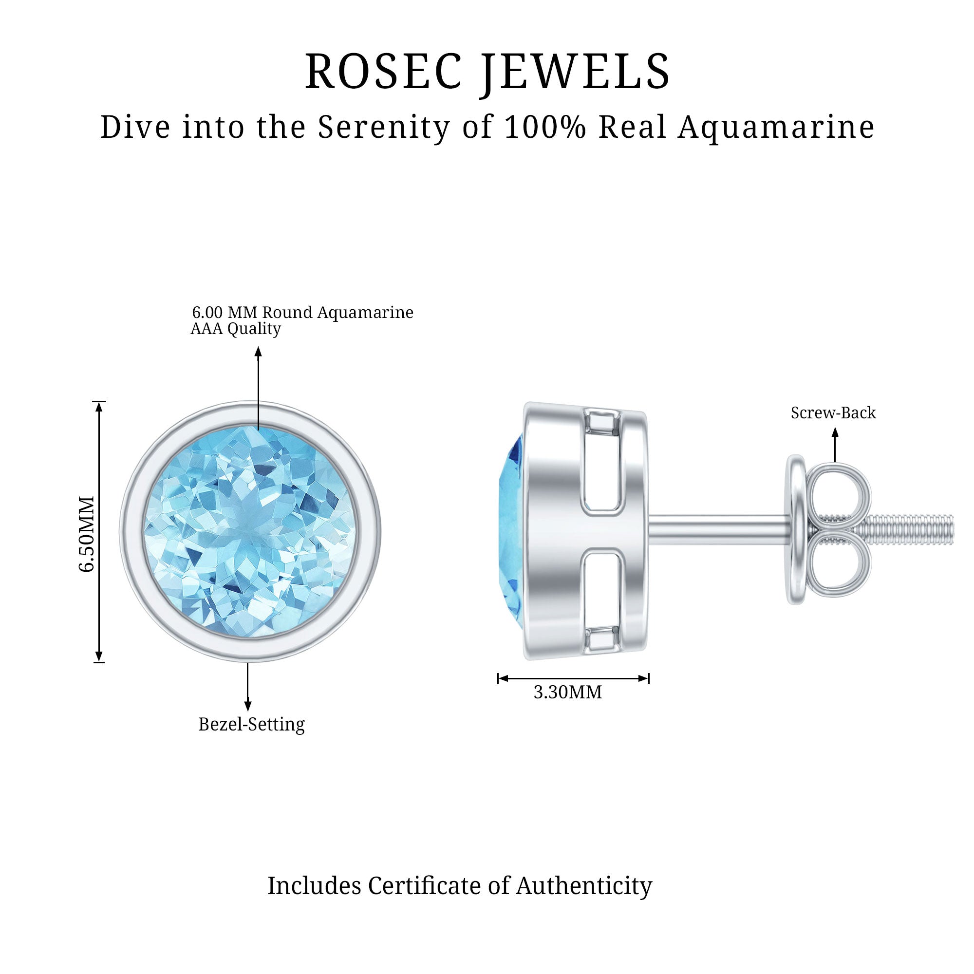 Natural 1.6 Carat Aquamarine Stud Earrings in Bezel Setting AAA - Rosec Jewels