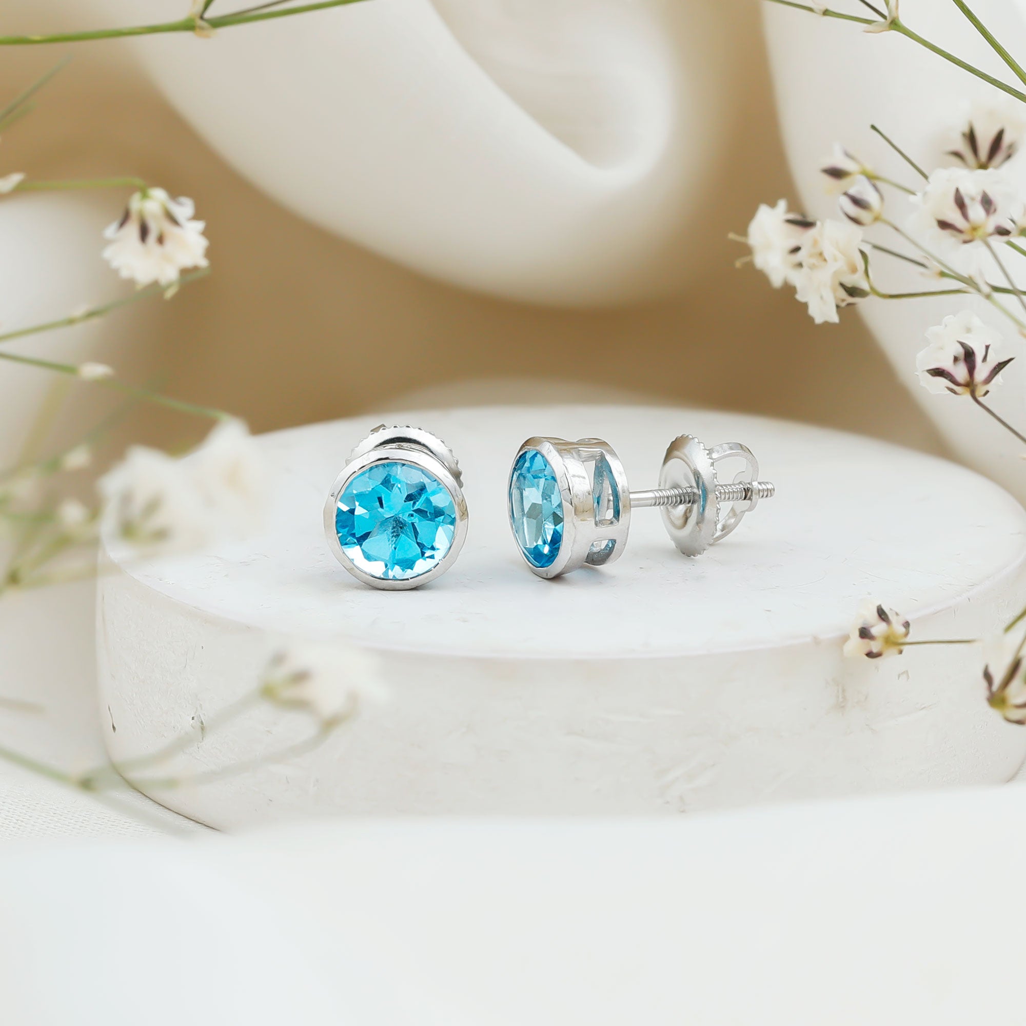 Natural 1.6 Carat Aquamarine Stud Earrings in Bezel Setting AAA - Rosec Jewels
