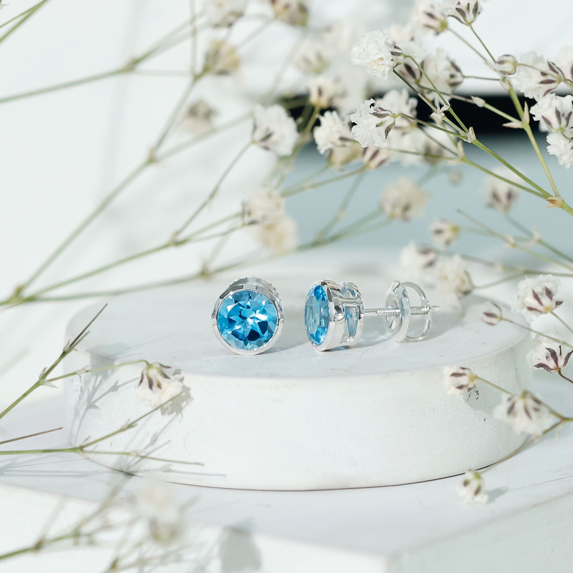 Natural 1.6 Carat Aquamarine Stud Earrings in Bezel Setting AAA - Rosec Jewels