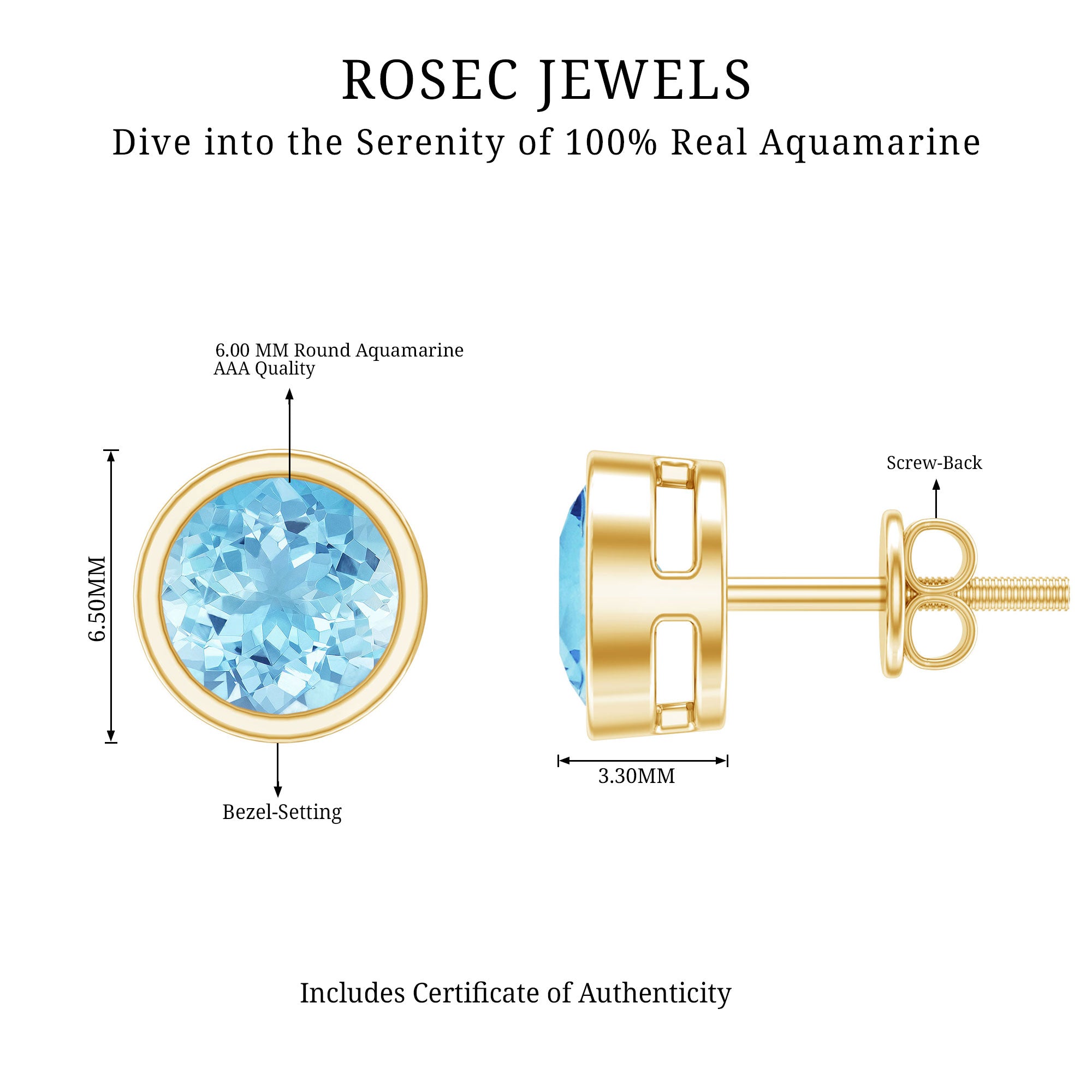 Natural 1.6 Carat Aquamarine Stud Earrings in Bezel Setting AAA - Rosec Jewels