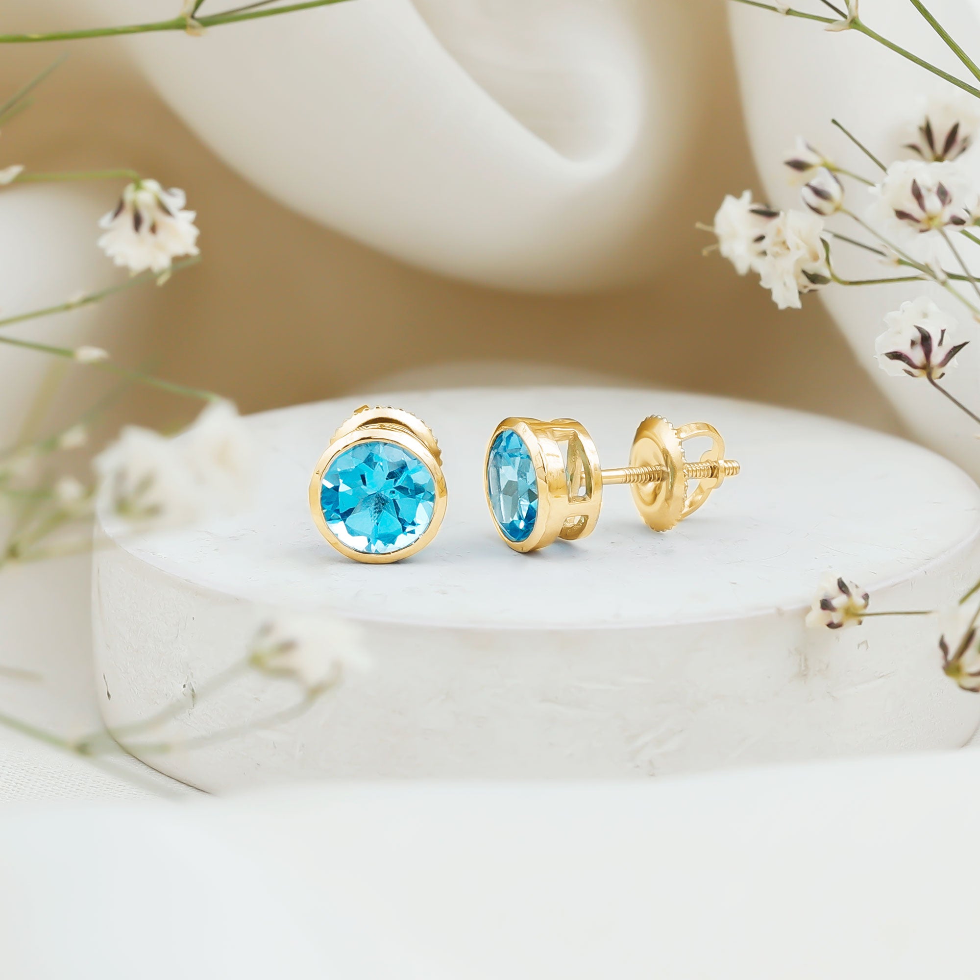 Natural 1.6 Carat Aquamarine Stud Earrings in Bezel Setting AAA - Rosec Jewels