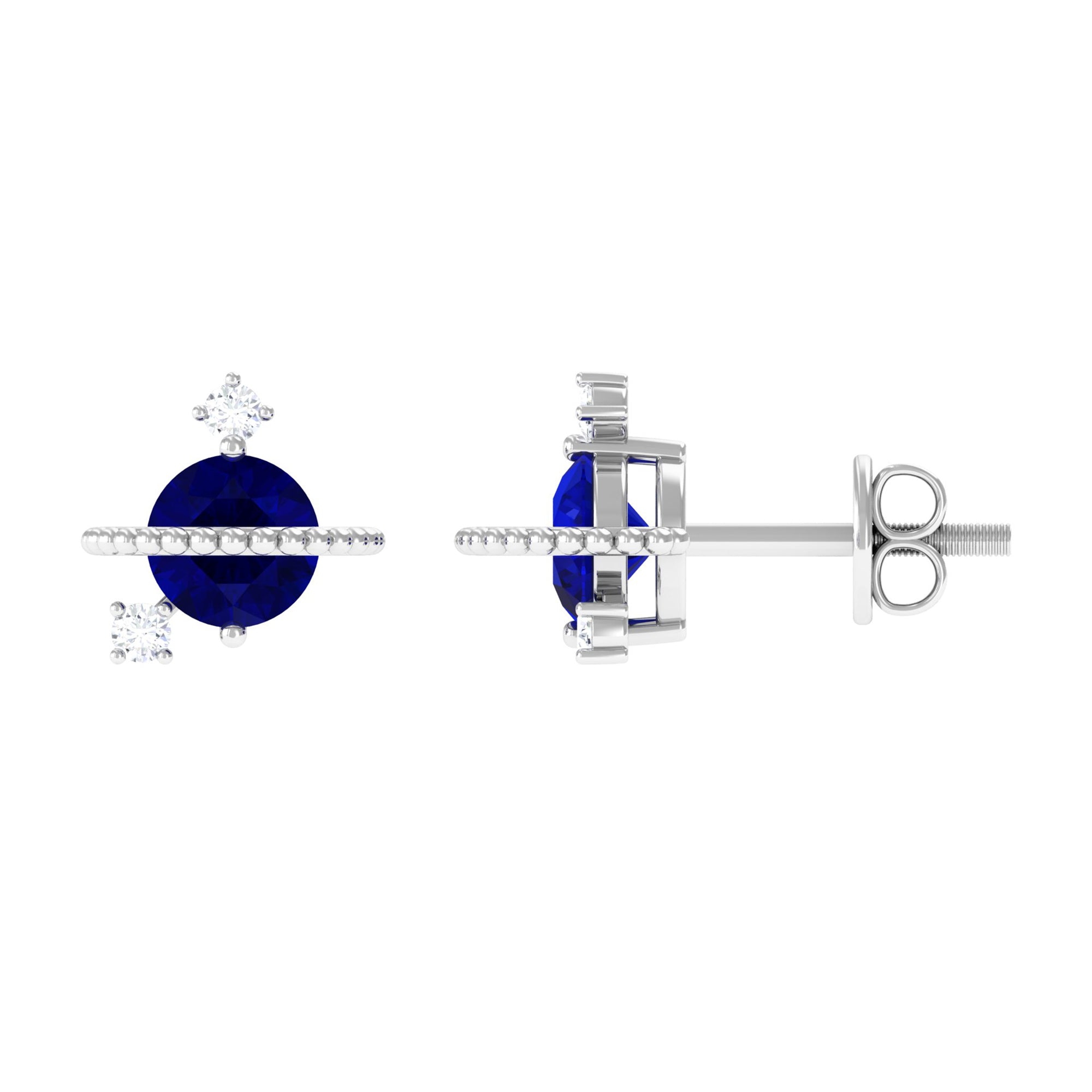 Natural 0.8 Carat Blue Sapphire and Diamond Contemporary Stud Earrings AAA - Rosec Jewels