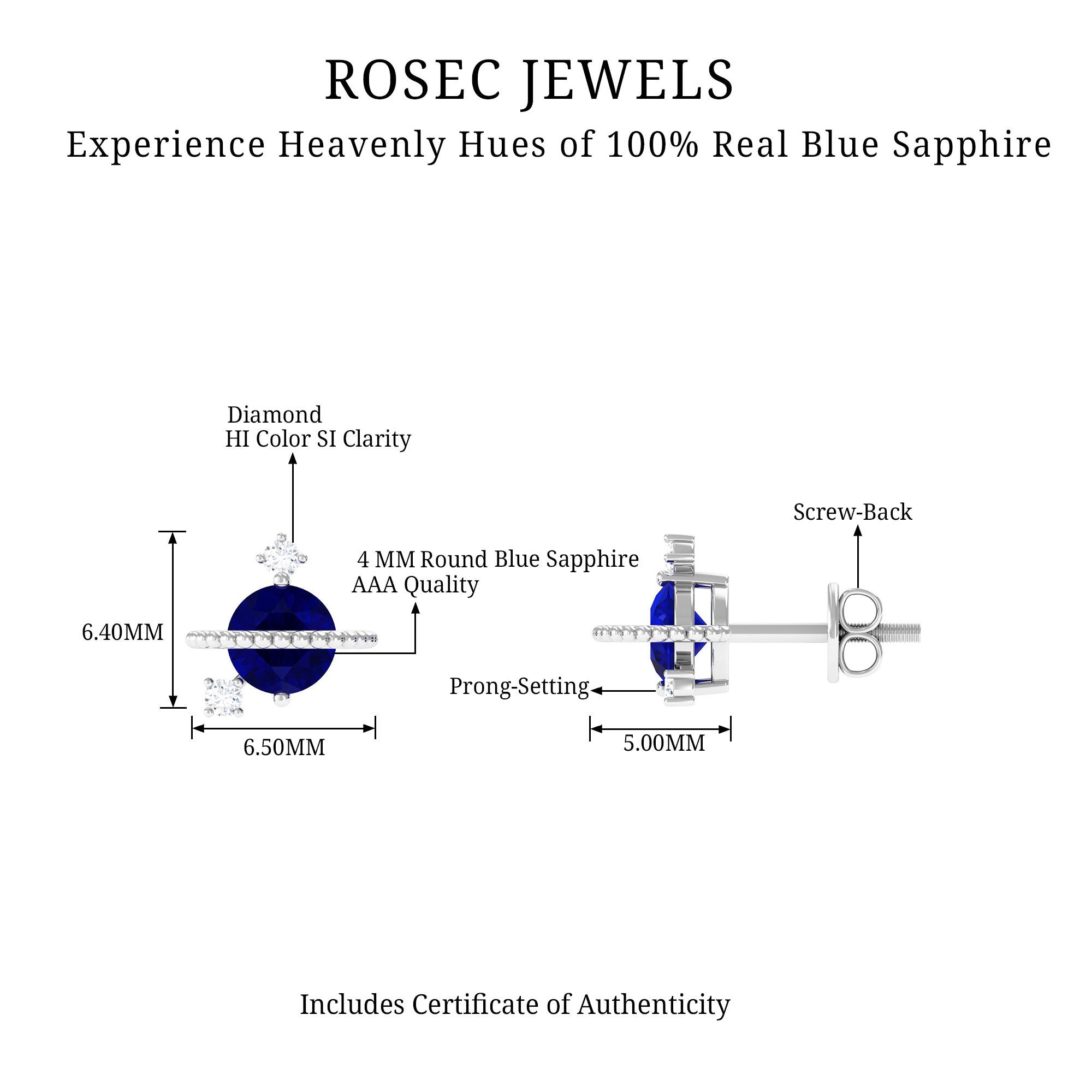 Natural 0.8 Carat Blue Sapphire and Diamond Contemporary Stud Earrings AAA - Rosec Jewels