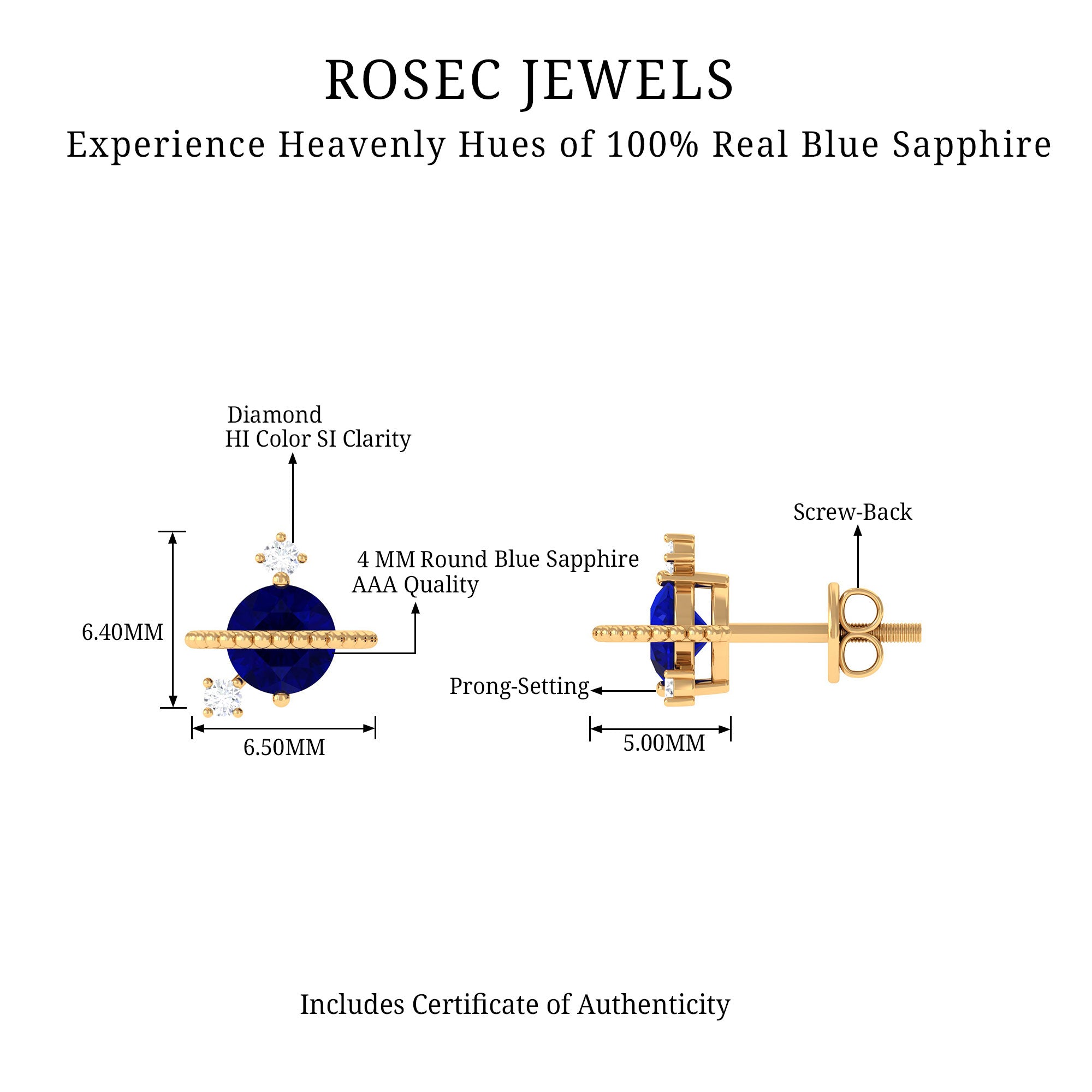 Natural 0.8 Carat Blue Sapphire and Diamond Contemporary Stud Earrings AAA - Rosec Jewels
