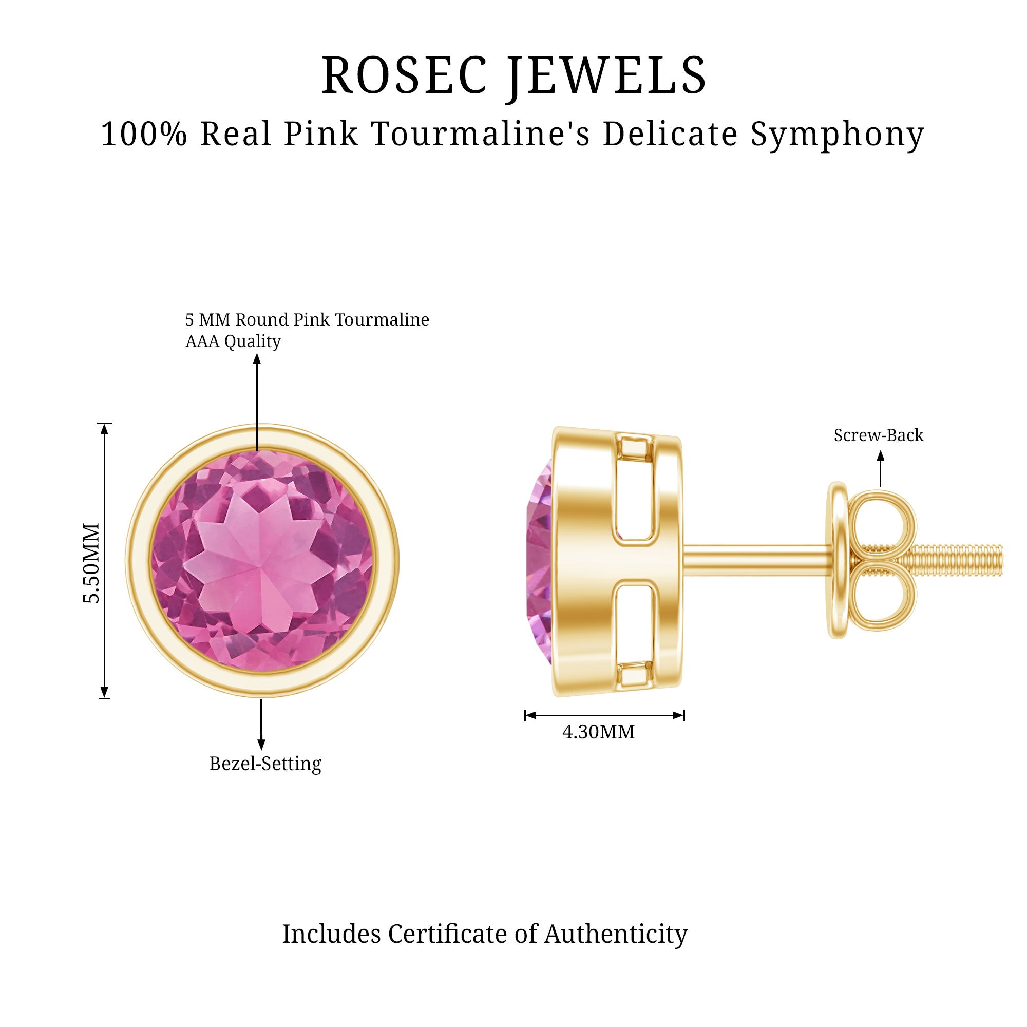 Round Pink Tourmaline Solitaire Stud Earrings AAA - Rosec Jewels