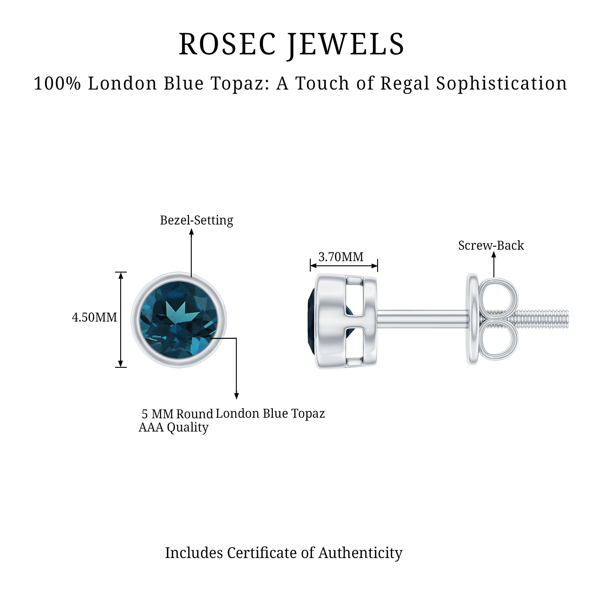Bezel Set Round London Blue Topaz Solitaire Stud Earrings AAA - Rosec Jewels