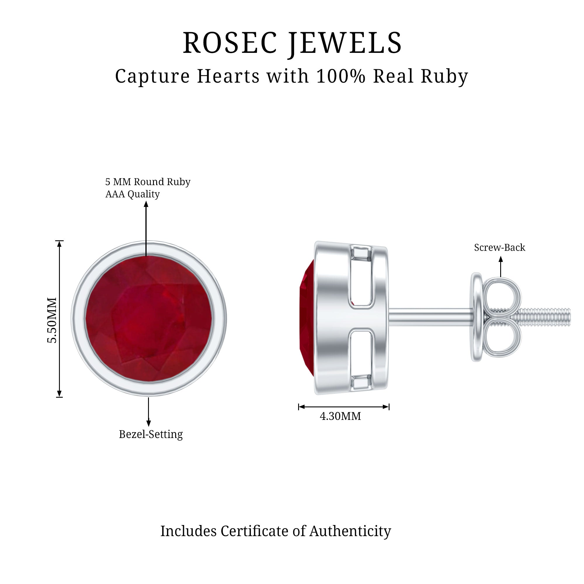 1.3 Carat Bezel Set Genuine Ruby Solitaire Stud Earrings AAA - Rosec Jewels
