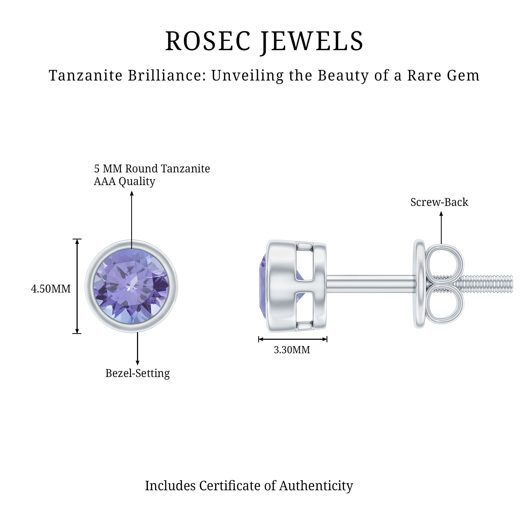 Natural 1 Carat Blue Tanzanite Solitaire Stud Earrings in Bezel Setting AAA - Rosec Jewels