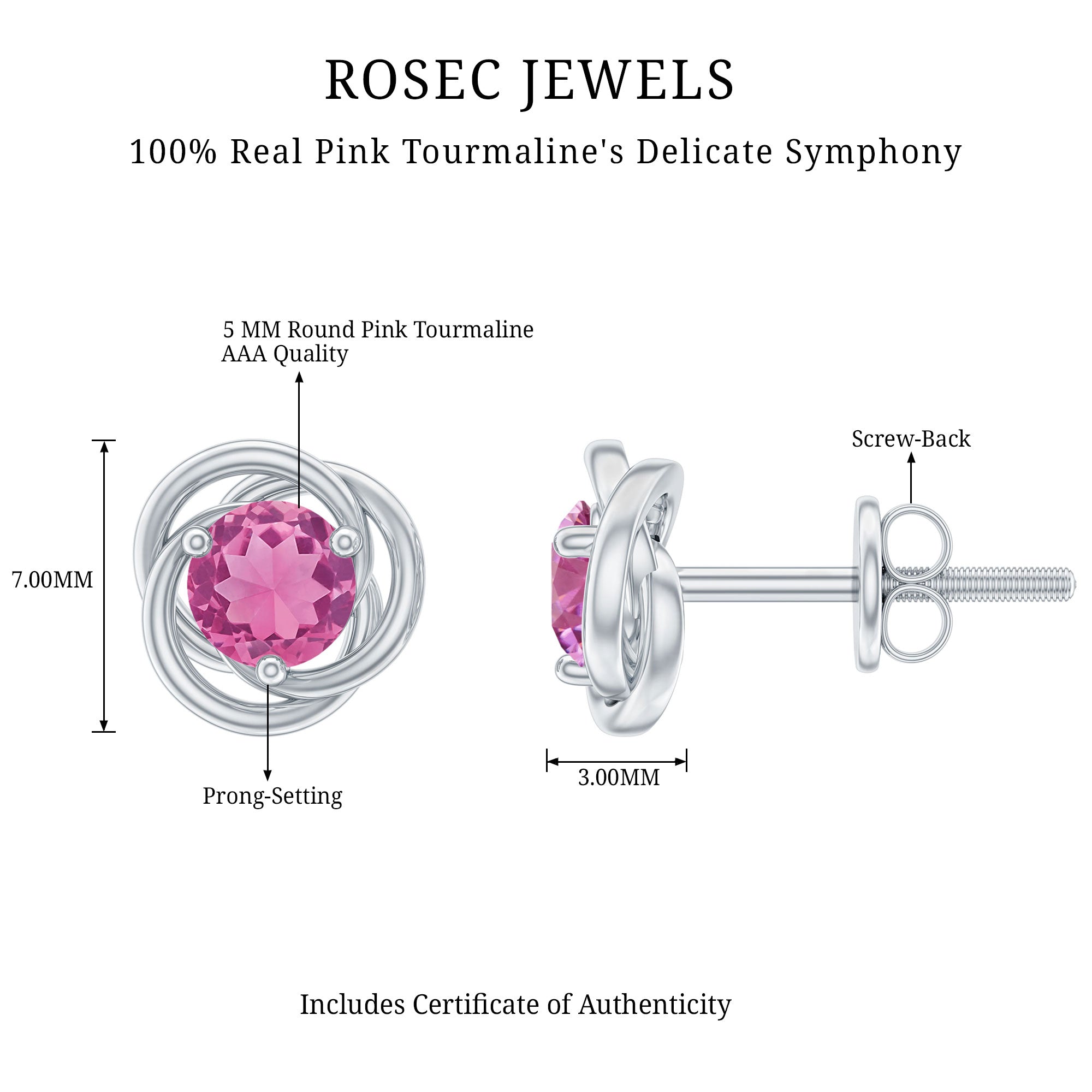 1 Carat Solitaire Pink Tourmaline Swirl Stud Earrings AAA - Rosec Jewels