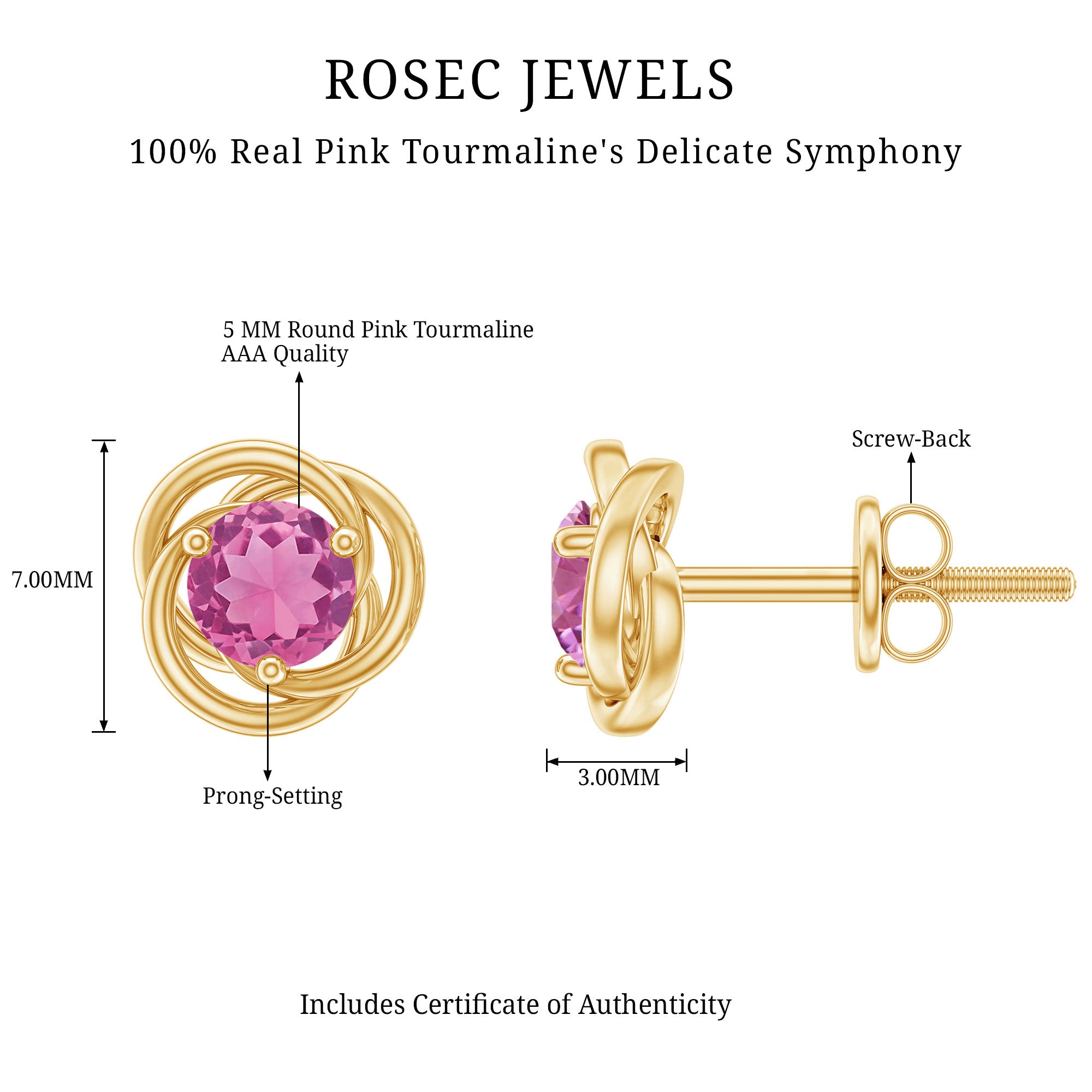 1 Carat Solitaire Pink Tourmaline Swirl Stud Earrings AAA - Rosec Jewels