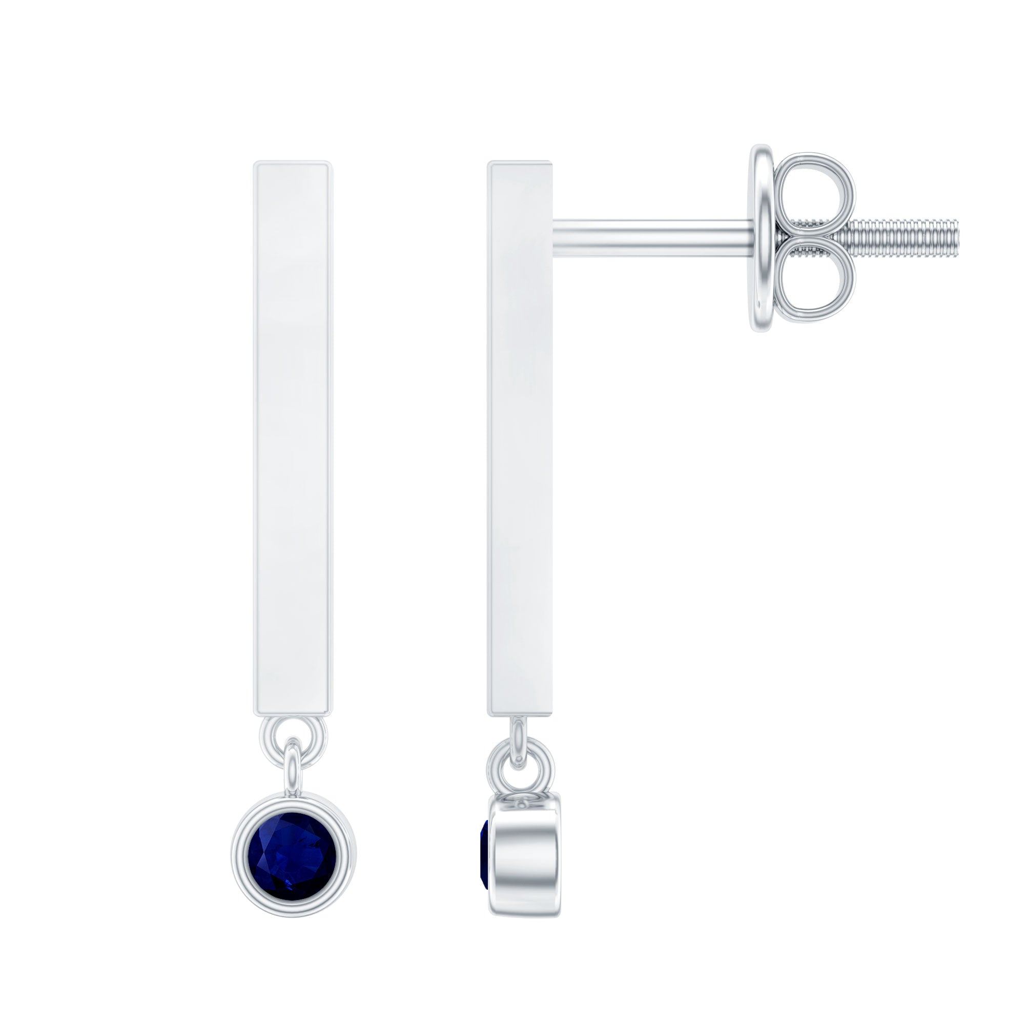 Round Shape Blue Sapphire and Gold Bar Drop Earrings for Women