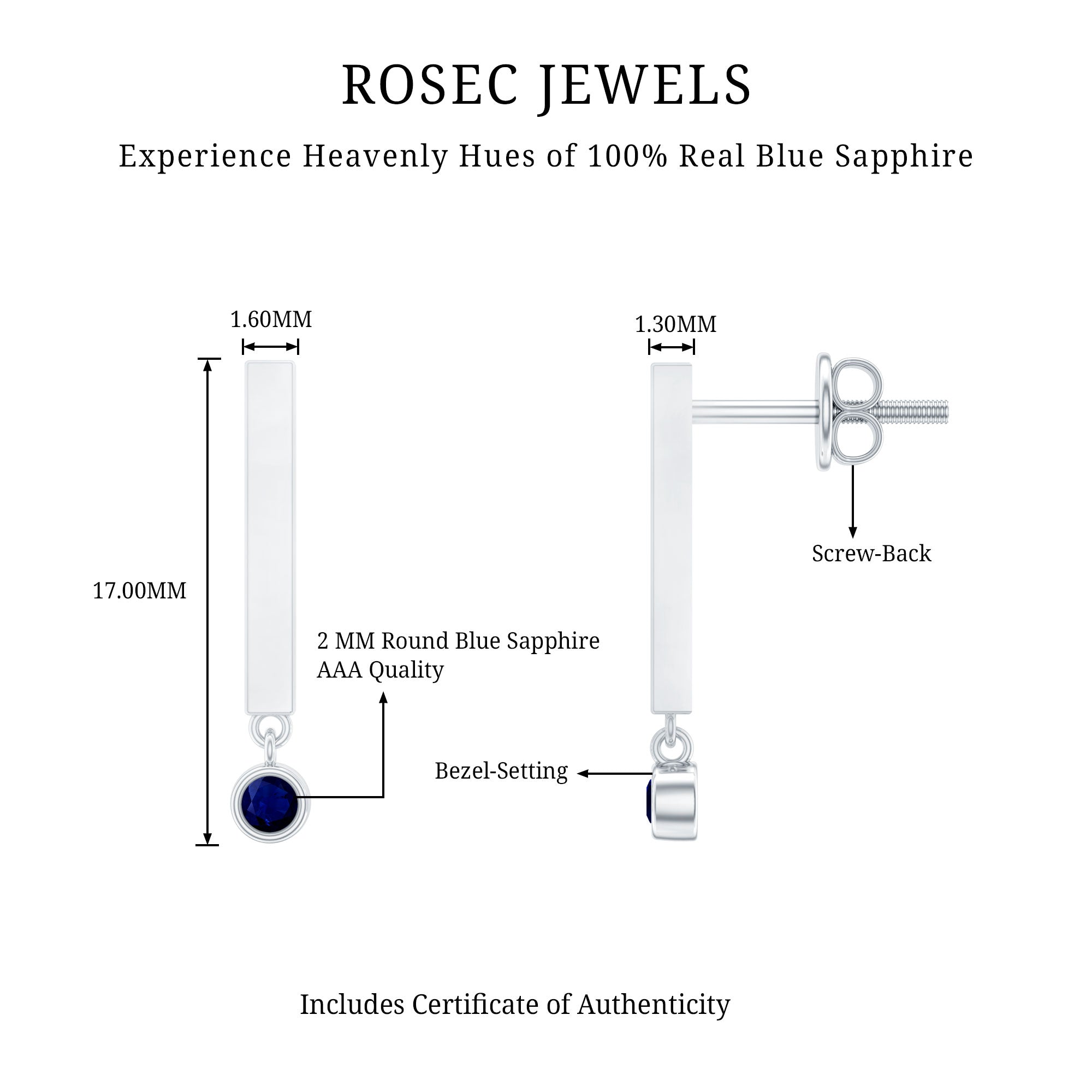 Round Blue Sapphire Bar Drop Earrings for Women AAA - Rosec Jewels