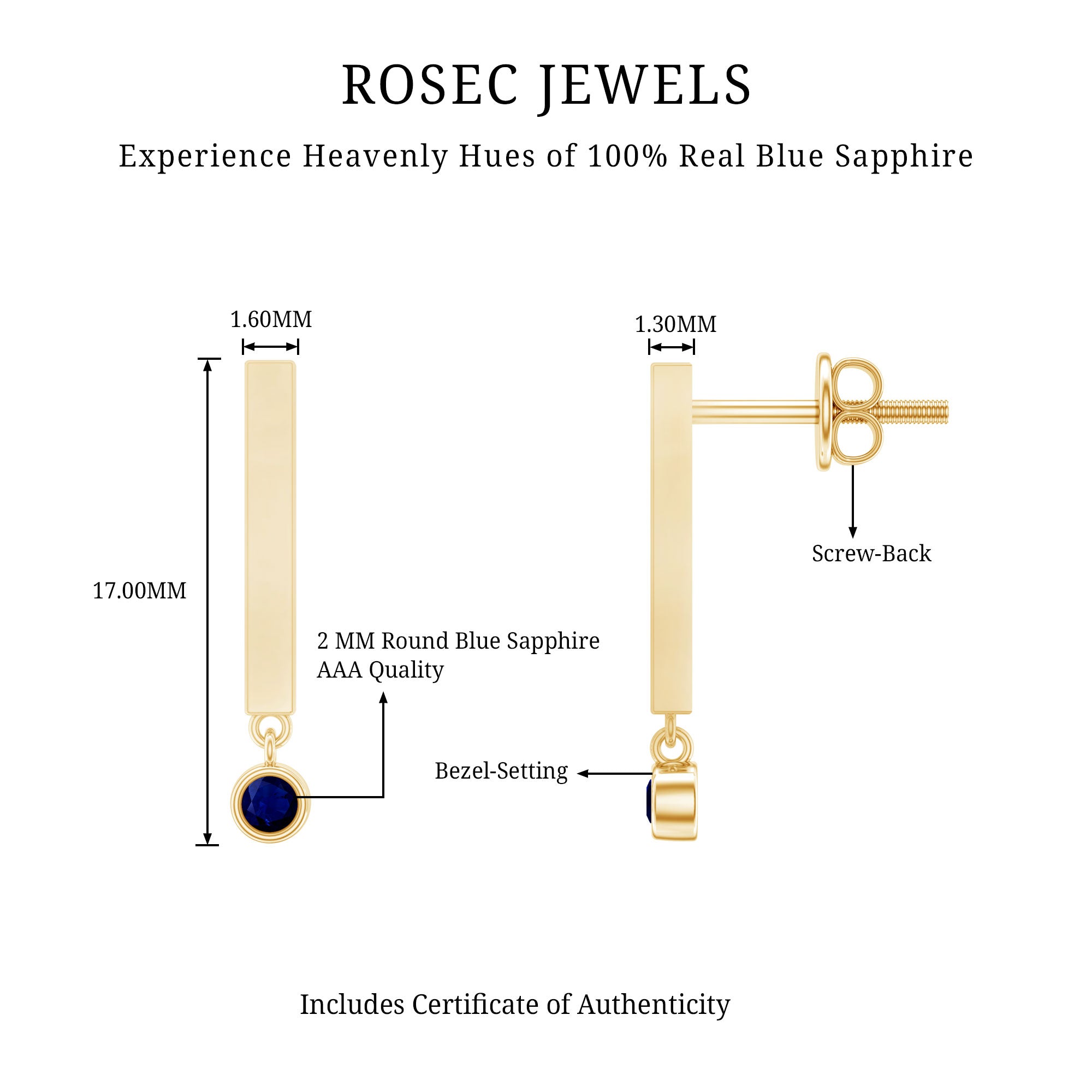 Round Blue Sapphire Bar Drop Earrings for Women AAA - Rosec Jewels