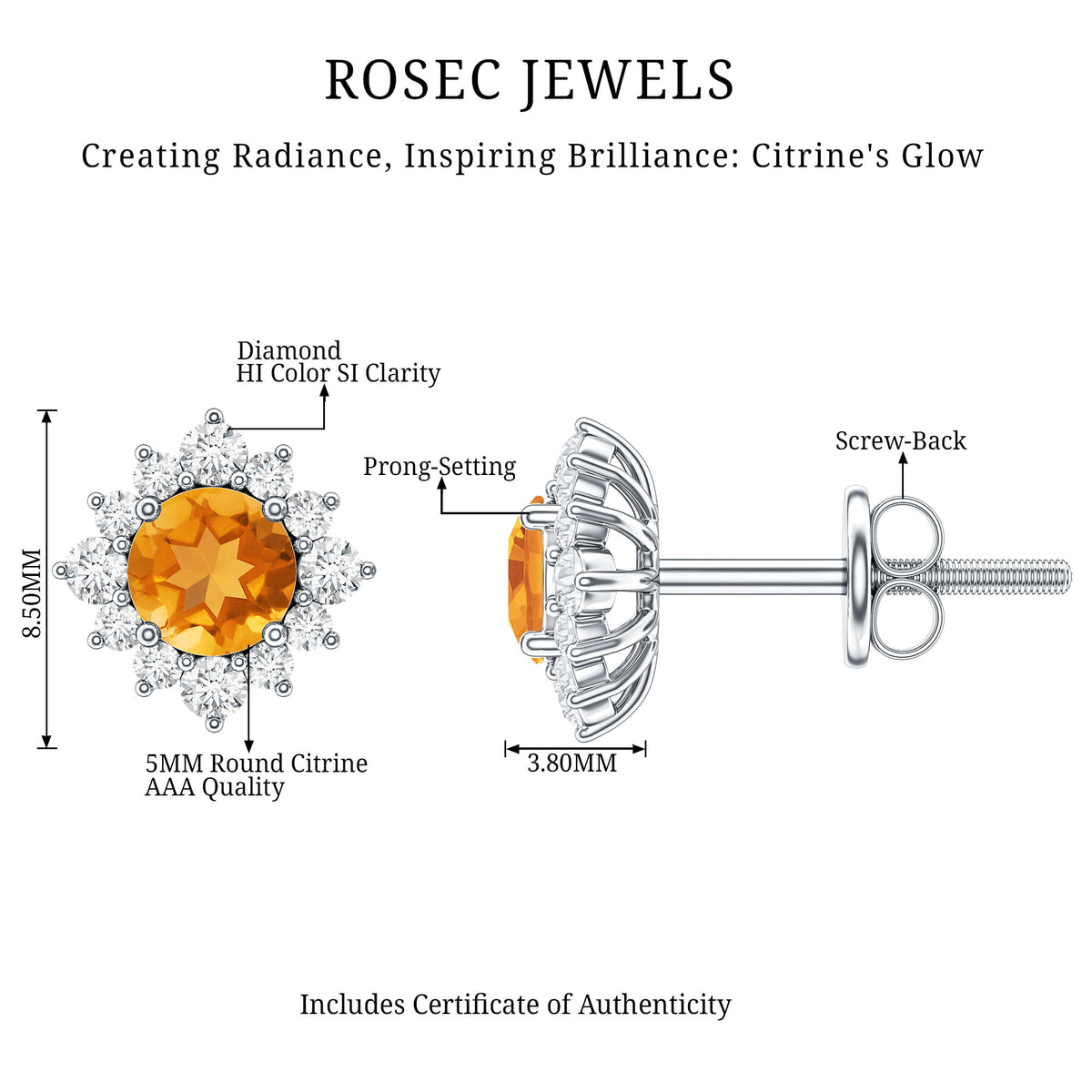 1 CT Classic Citrine Stud Earrings with Diamond Halo AAA - Rosec Jewels