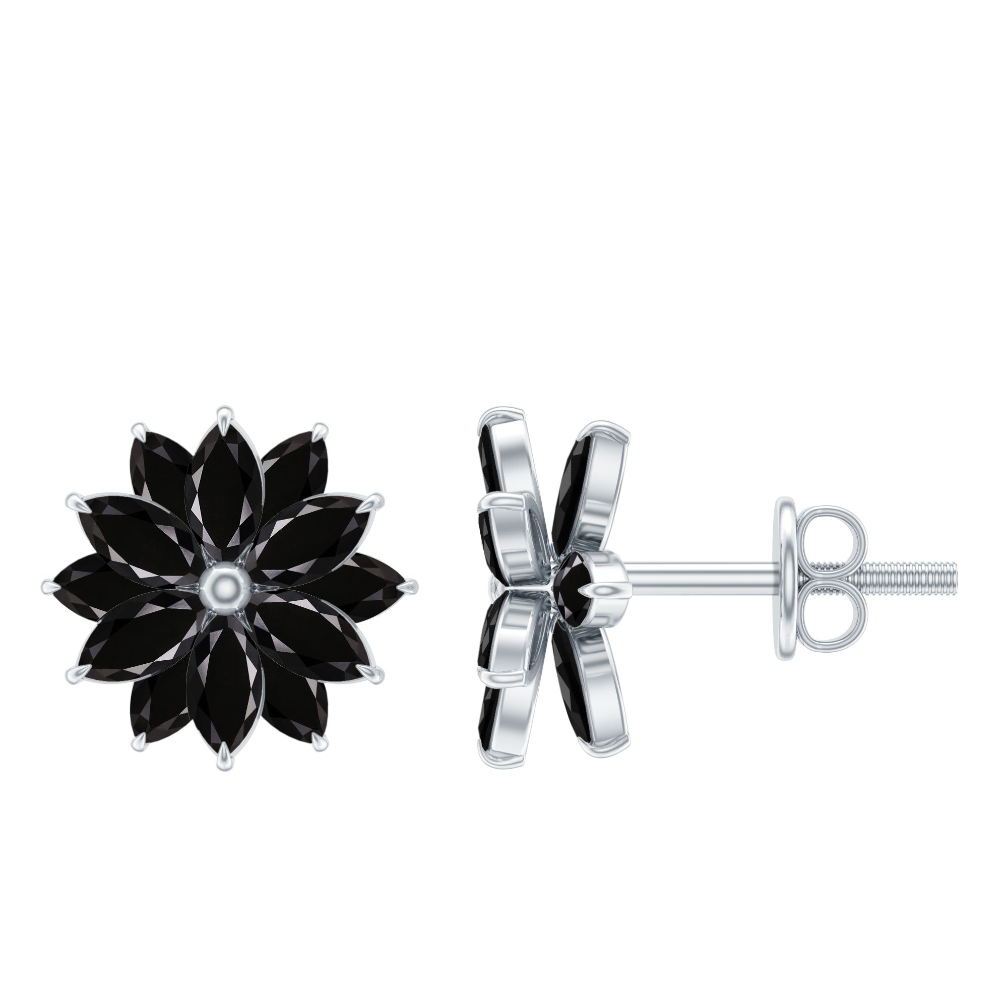 Marquise Shape Black Onyx Floral Statement Stud Earrings AAA - Rosec Jewels