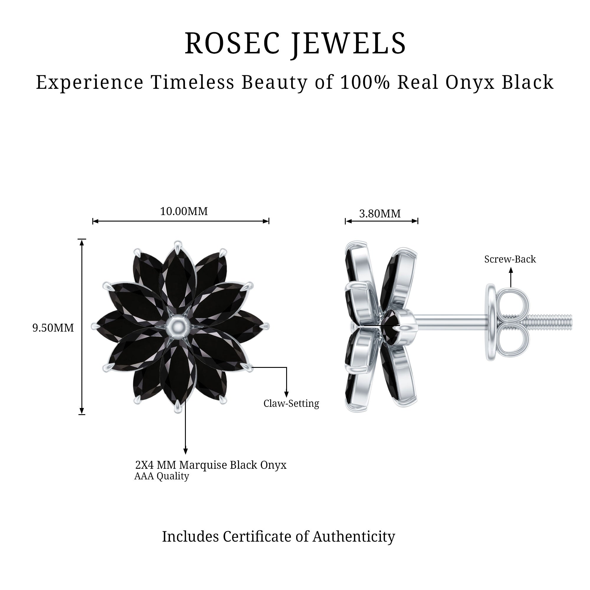 Marquise Shape Black Onyx Floral Statement Stud Earrings AAA - Rosec Jewels