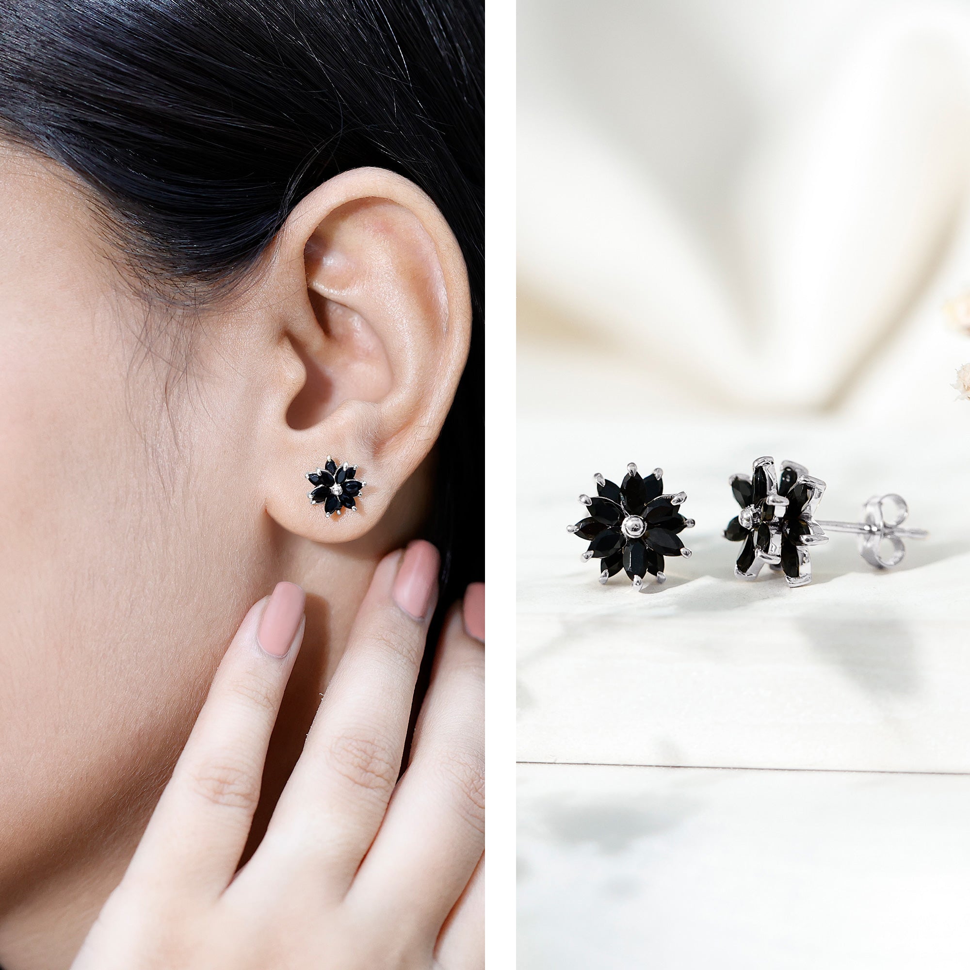 Marquise Shape Black Onyx Floral Statement Stud Earrings AAA - Rosec Jewels