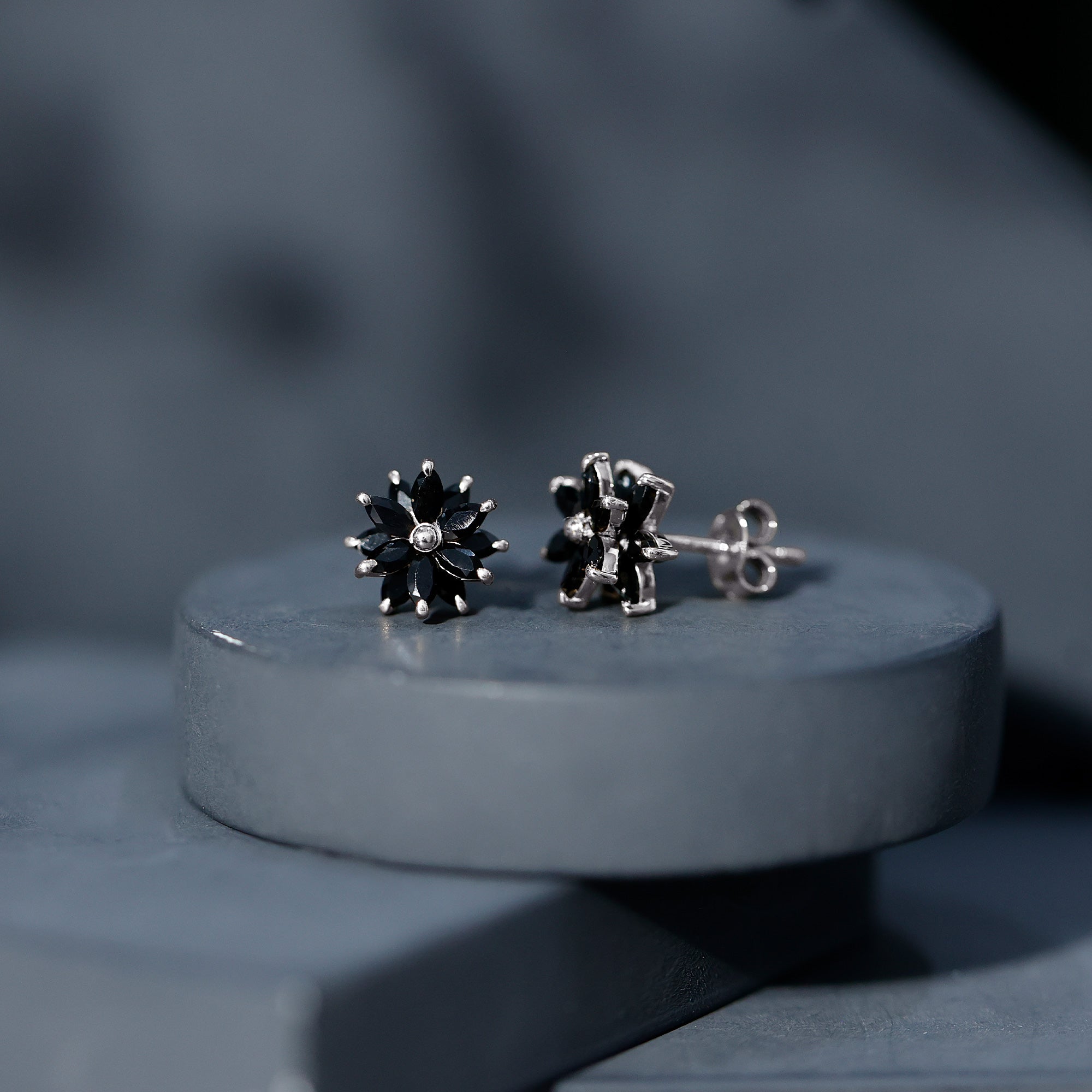 Marquise Shape Black Onyx Floral Statement Stud Earrings AAA - Rosec Jewels