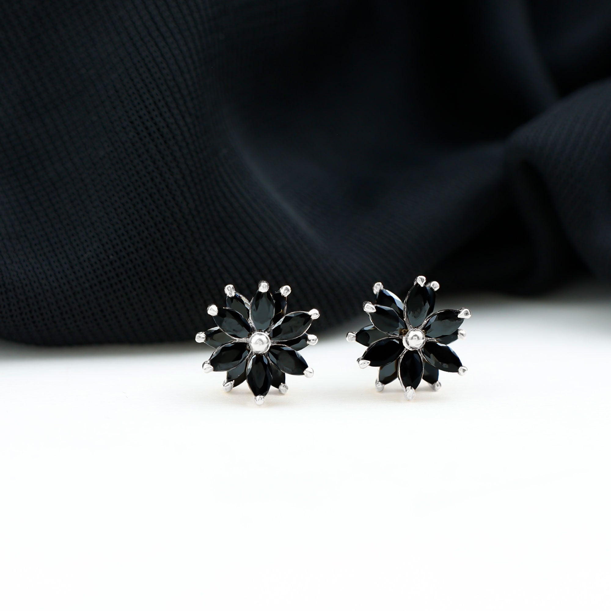 Marquise Shape Black Onyx Floral Statement Stud Earrings AAA - Rosec Jewels