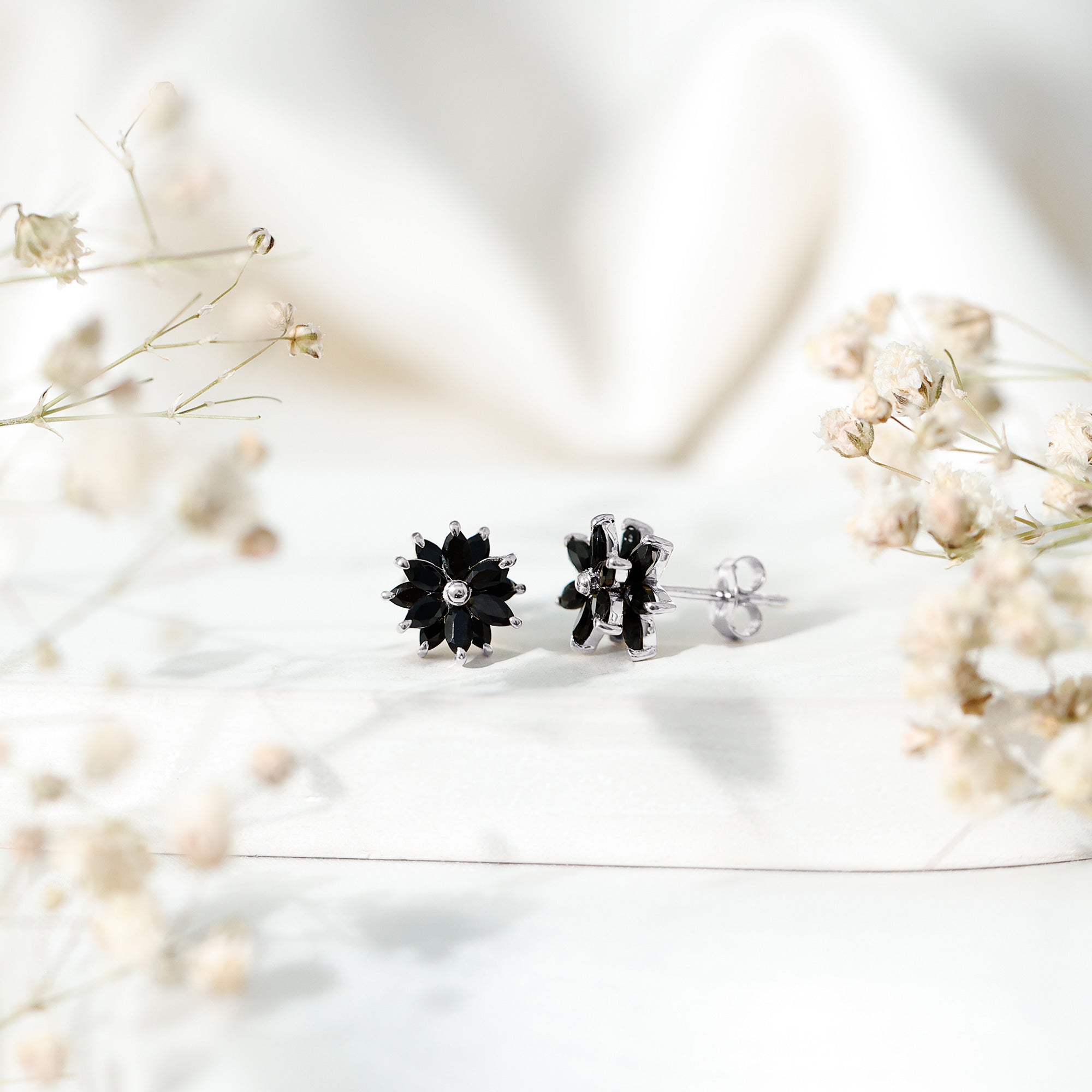 Marquise Shape Black Onyx Floral Statement Stud Earrings AAA - Rosec Jewels