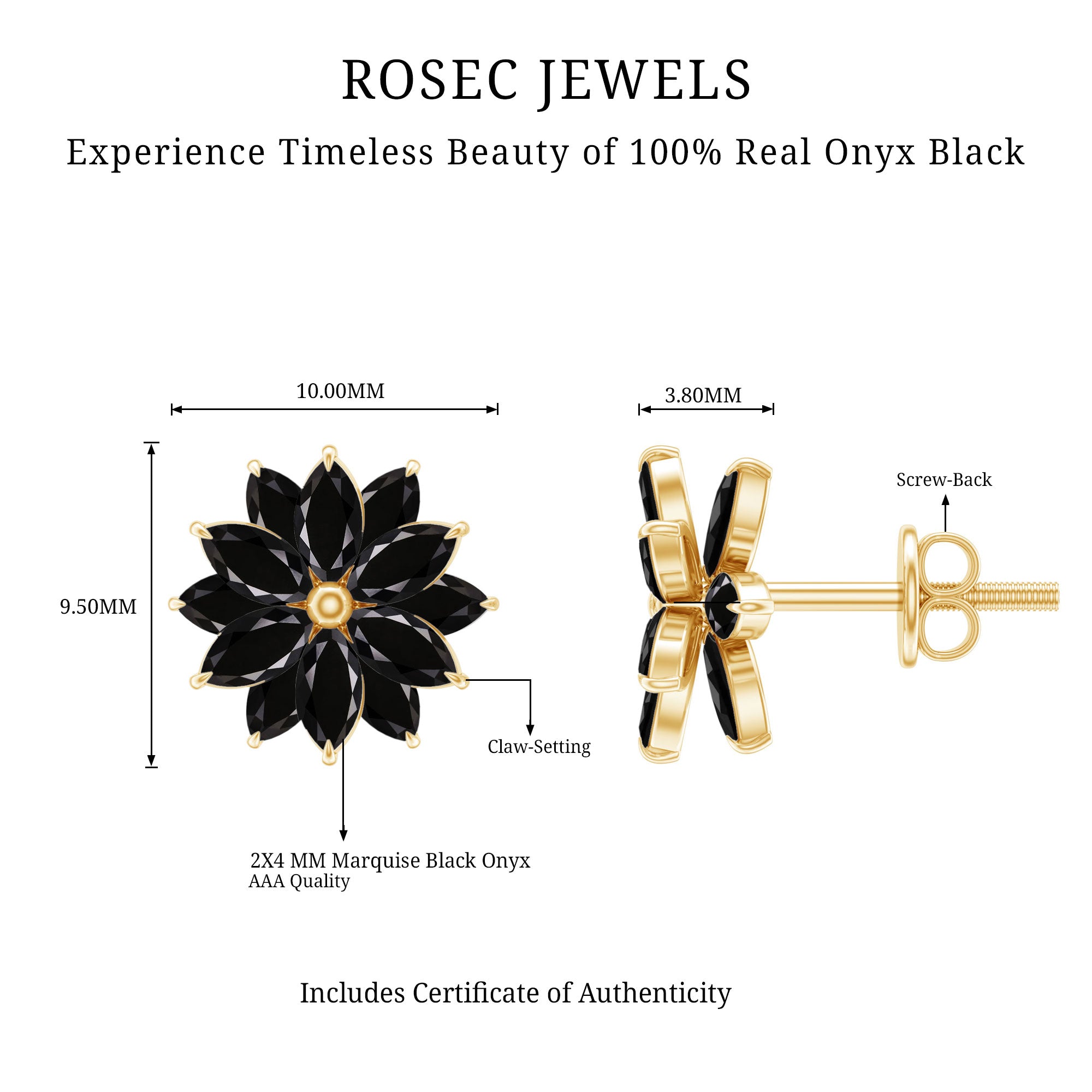 Marquise Shape Black Onyx Floral Statement Stud Earrings AAA - Rosec Jewels