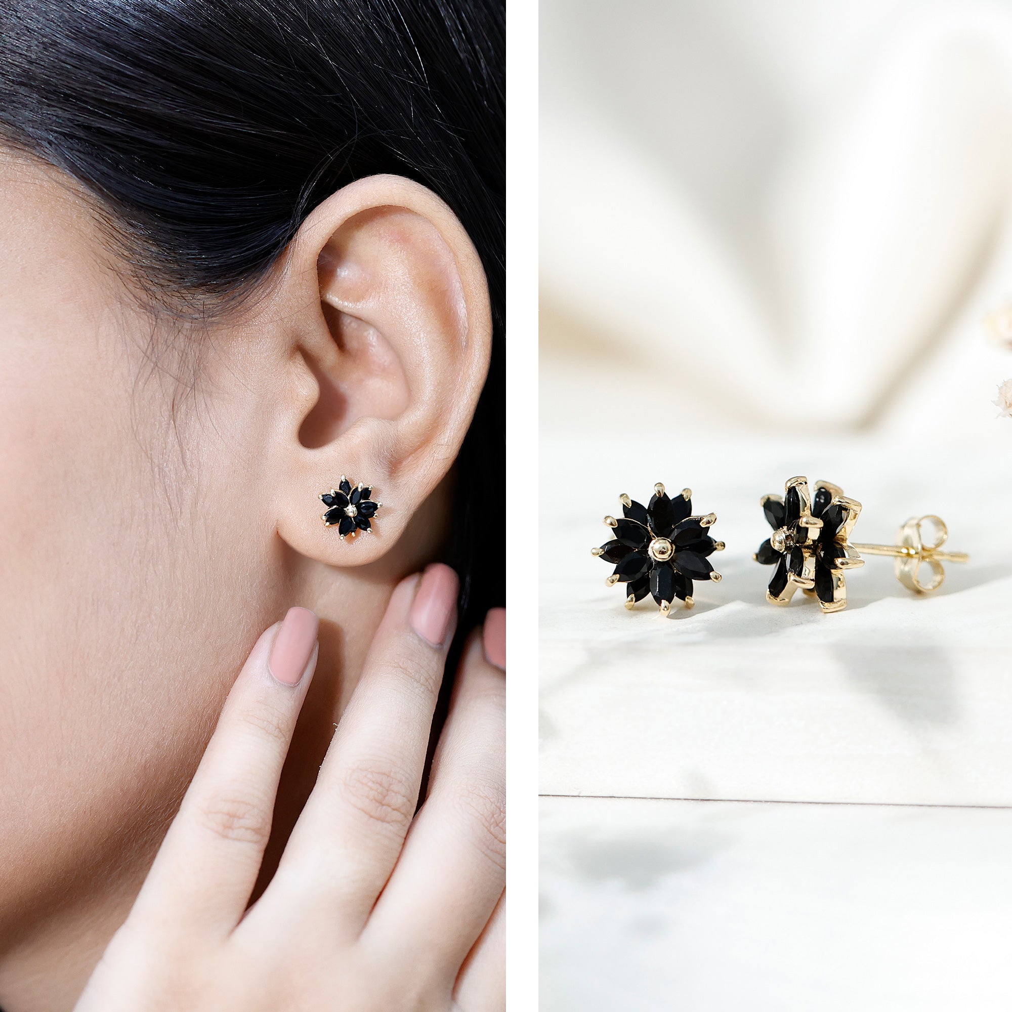 Marquise Shape Black Onyx Floral Statement Stud Earrings AAA - Rosec Jewels