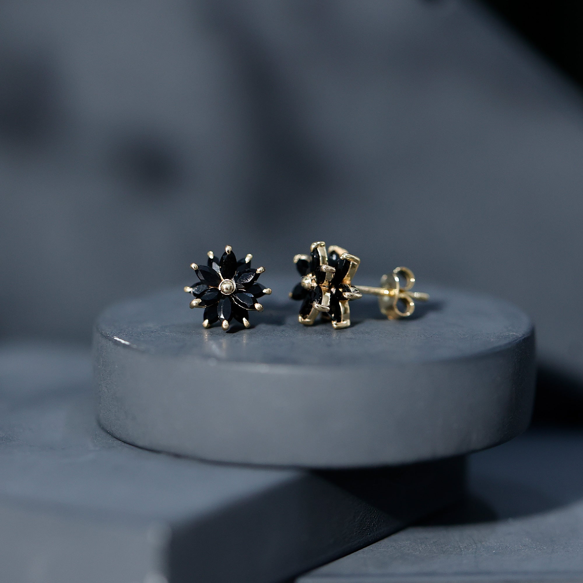 Marquise Shape Black Onyx Floral Statement Stud Earrings AAA - Rosec Jewels