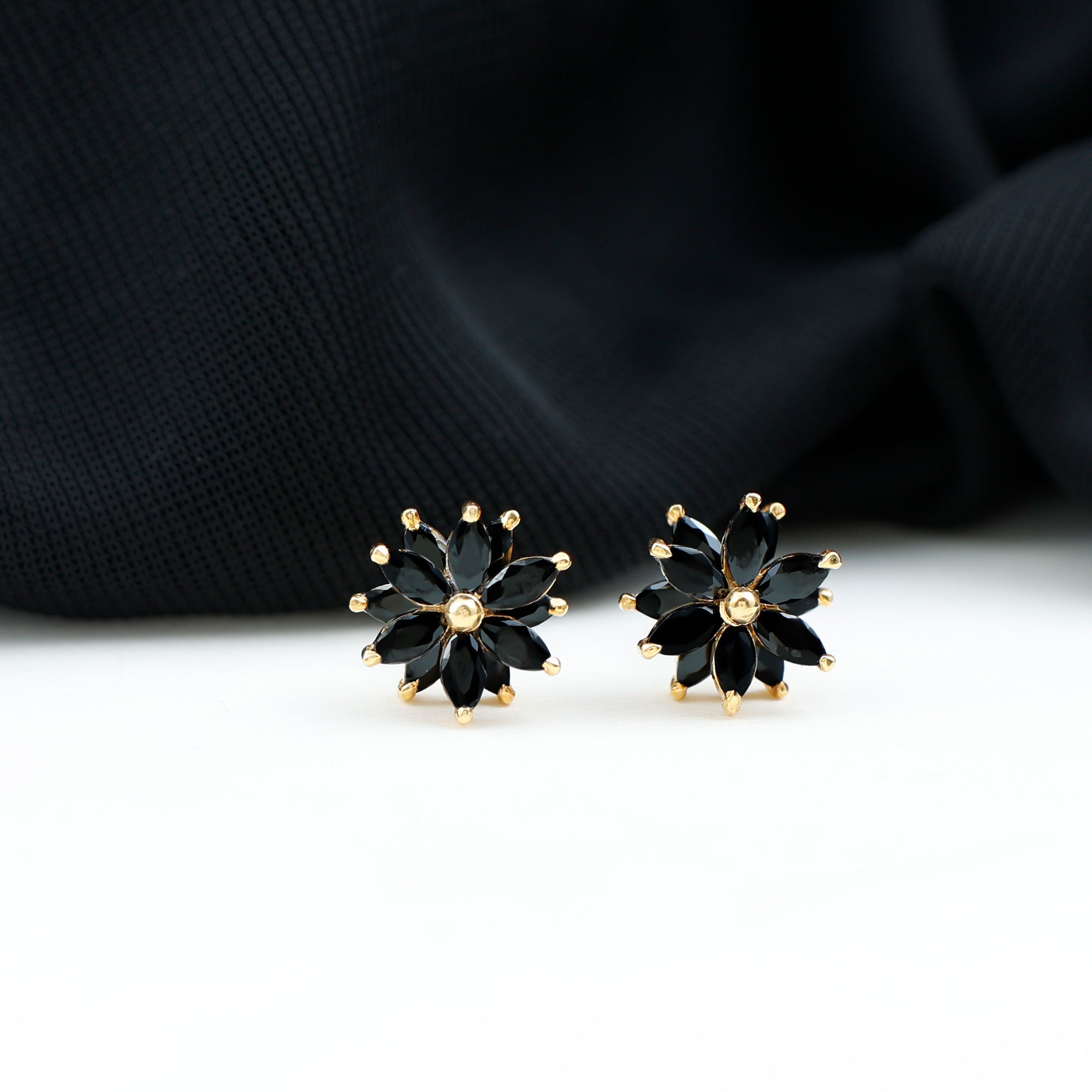 Marquise Shape Black Onyx Floral Statement Stud Earrings AAA - Rosec Jewels