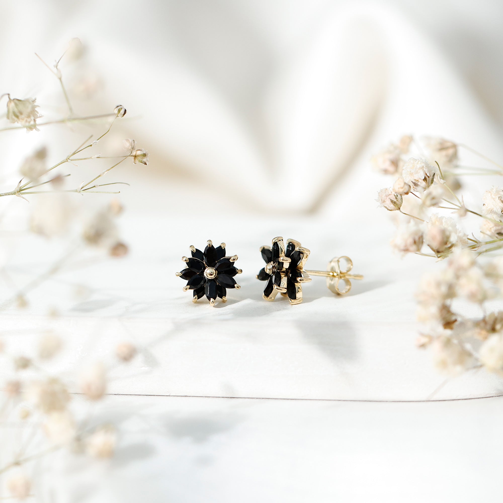 Marquise Shape Black Onyx Floral Statement Stud Earrings AAA - Rosec Jewels